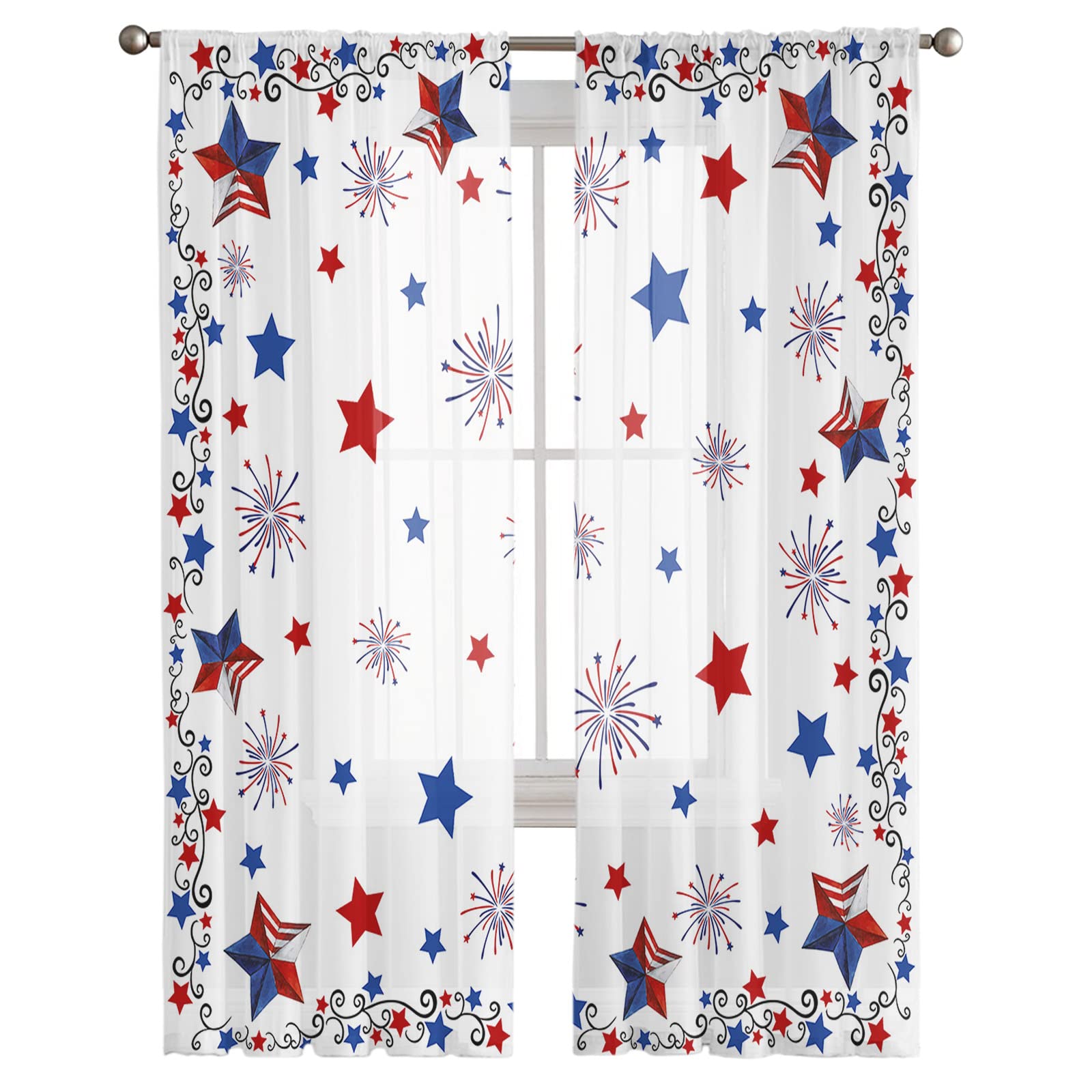 Lkicikik Sheer Curtains 84 inches Long 2 Panels Set 4th of July Patriotic Independence Day American Flag Star Sheer Window Curtain Rod Pocket Voile
