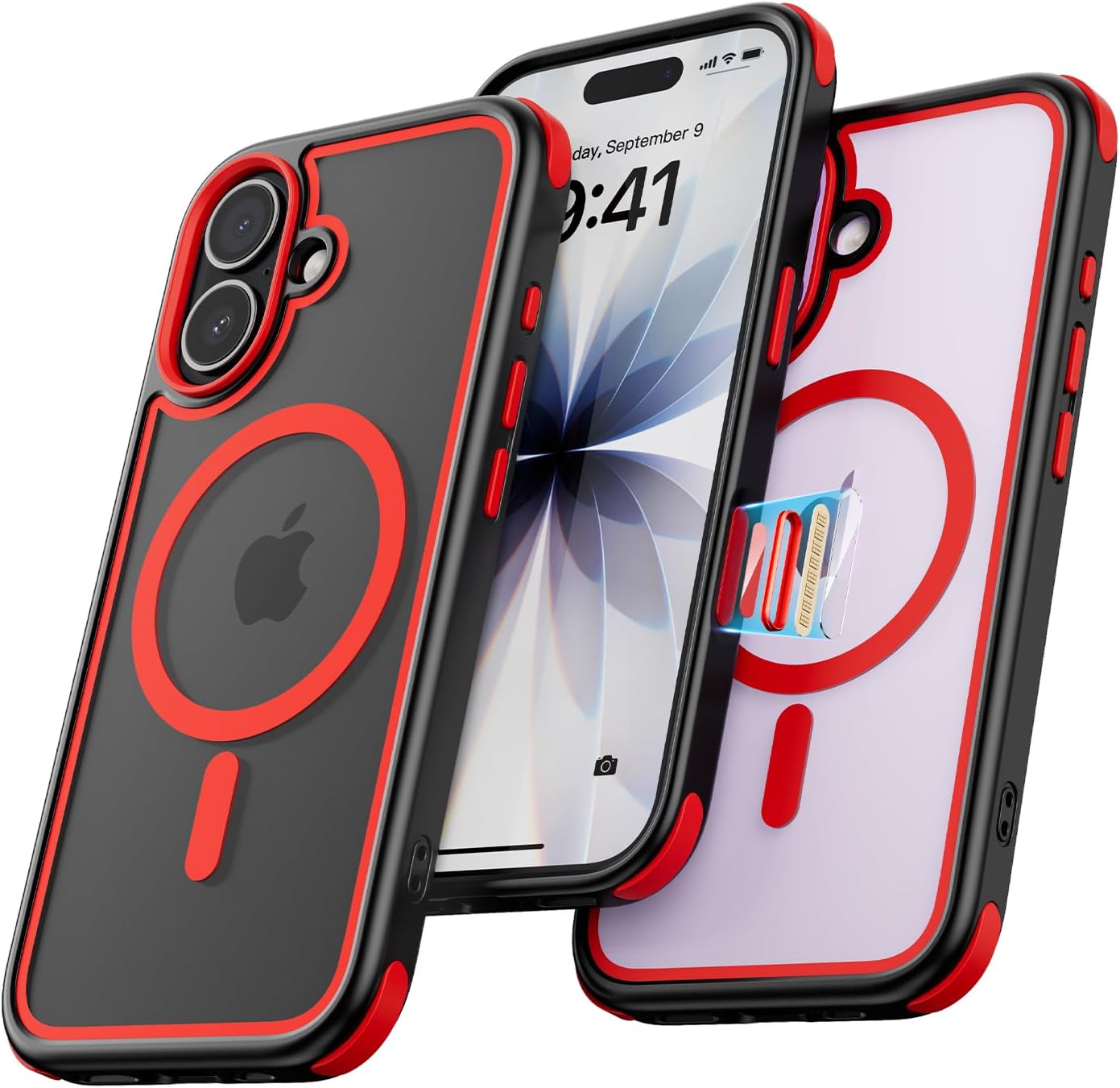 Mobnano for iPhone 17 Case, Compatible with MagSafe, Crystal Clear Case with Magnetic Ring, Multicolor Protective Shockproof Bumpers, Not Yellowing Slim Cover for Men Women - Black/Red