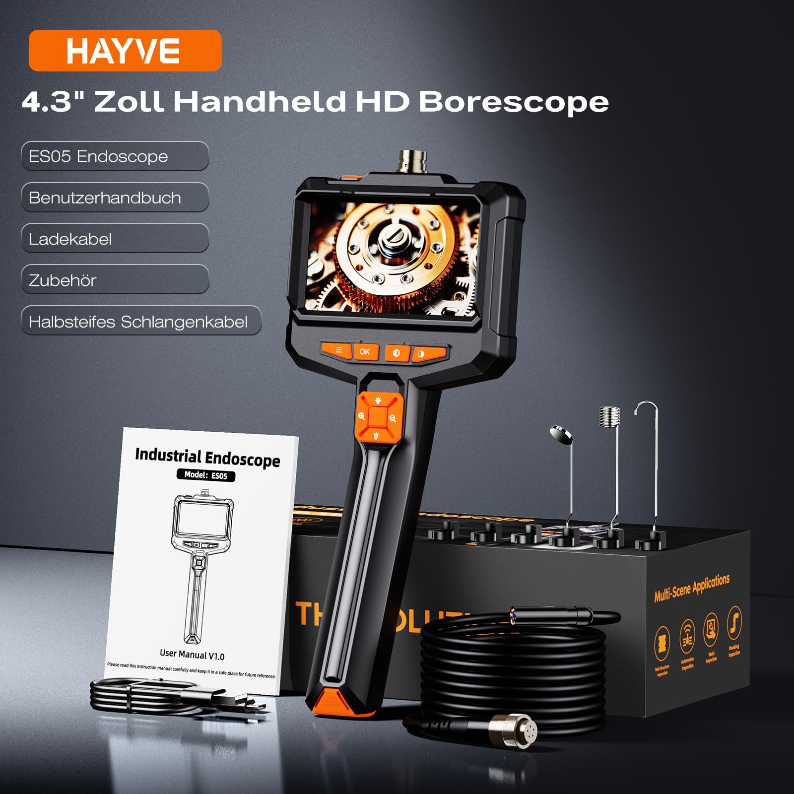 Endoskopkamera mit Licht 5M, 4,3-Zoll 1080P HD Endoskop Kamera Handy | Rohrkamera mit 8 Einstellbaren LED Licht, Ip67 Wasserdichtes Halbstarrer Inspektionskamera, Kanal-Kamera für Automobilmotor