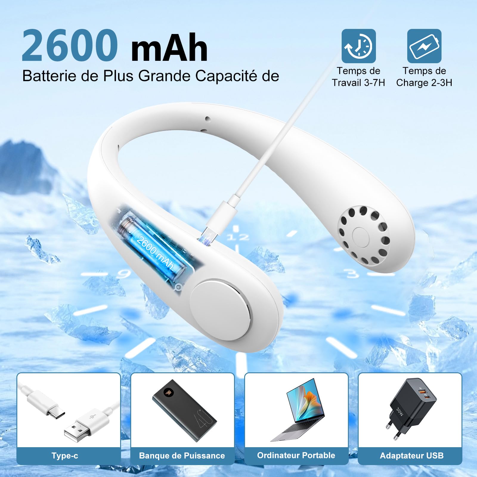 Ventilatore da Collo, 360° Ventilatore Portatile con Flusso d'Aria a 3 Velocità Regolabile, Mini Ventilatore USB Senza Lama a mani libere per Campeggio, Cucinando, Ufficio, Viaggi, Casa, Aria Aperta