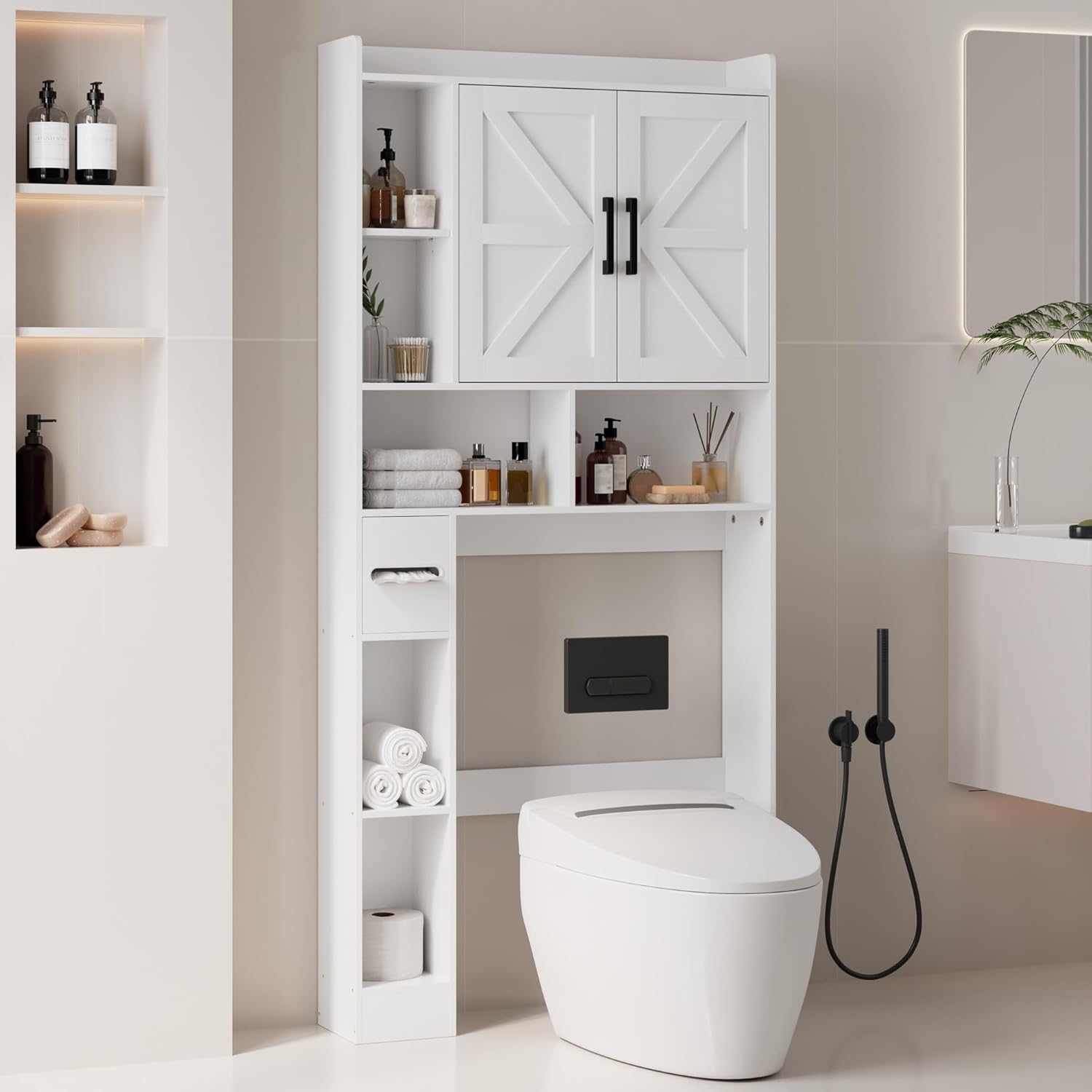 Over The Toilet Storage Cabinet, Tall Bathroom Cabinet Organizer with Adjustable Shelves and Toilet Paper Holder, 32" W Farmhouse Storage Cabinet with 2 Barn Doors for Laundry, Restroom, White