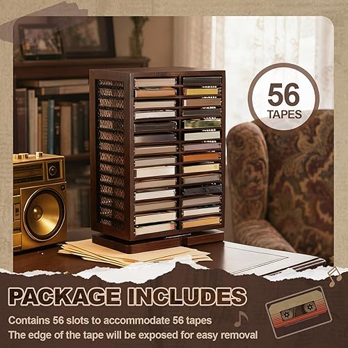 Miniatura 3 de Ripeng Soporte de cinta de casete giratorio para almacenamiento de casetes en torre de CD de 360 grados, estante de almacenamiento de almohadillas