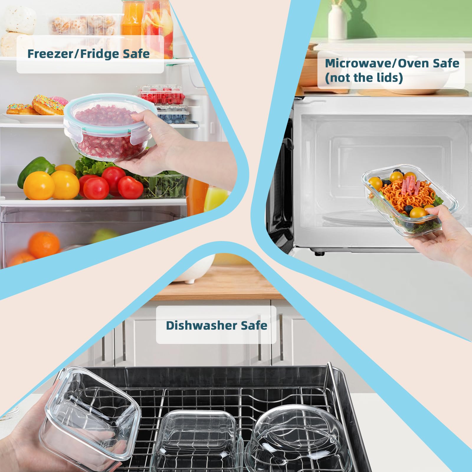 BAYZZ Set di 30 contenitori per alimenti in vetro con coperchio, ermetici, adatti per microonde, congelatore e lavastoviglie, verde