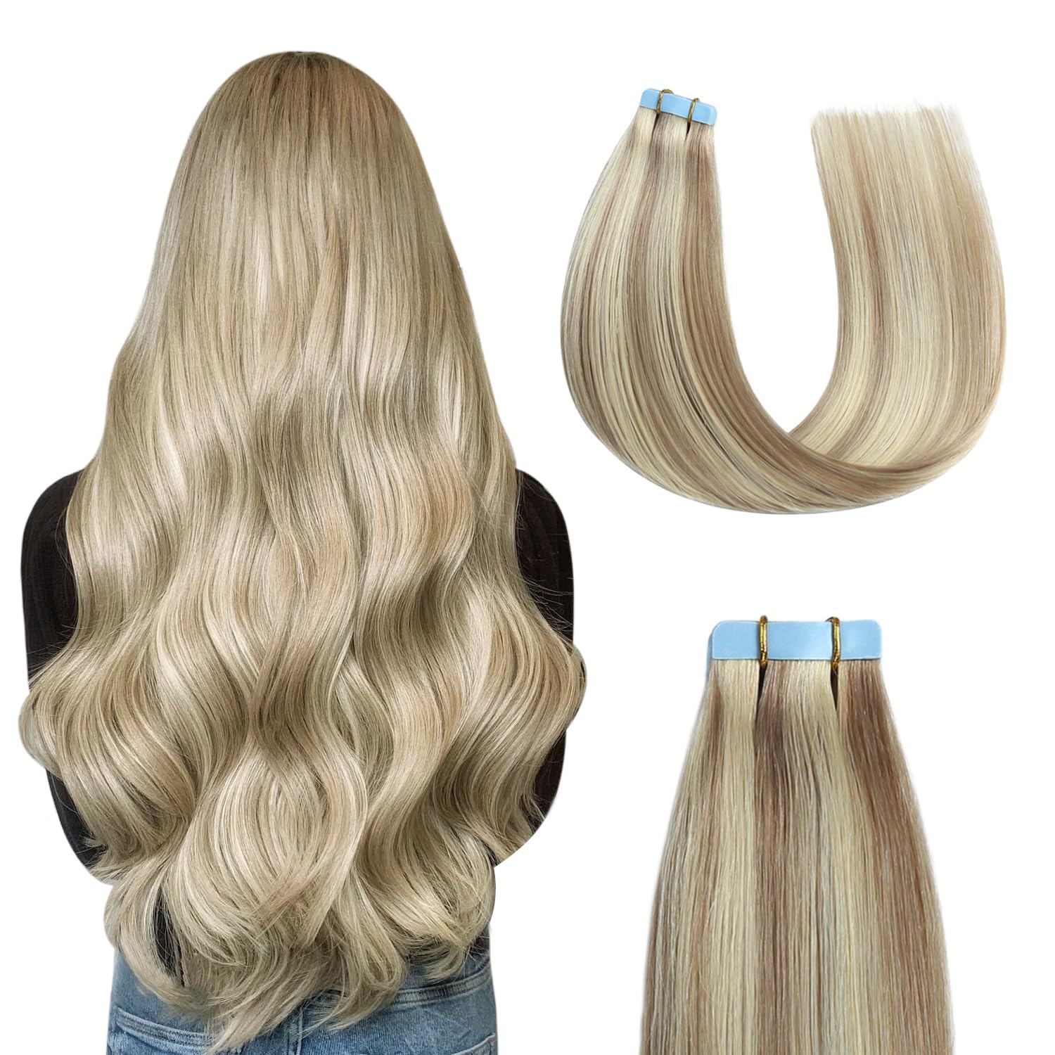 Sunya Tape in Human Hair Extensions 12 inch Ash Blonde Highlighted Bleach Natural Seamless Straight Tapes Extension 40g 20pcs/Pack