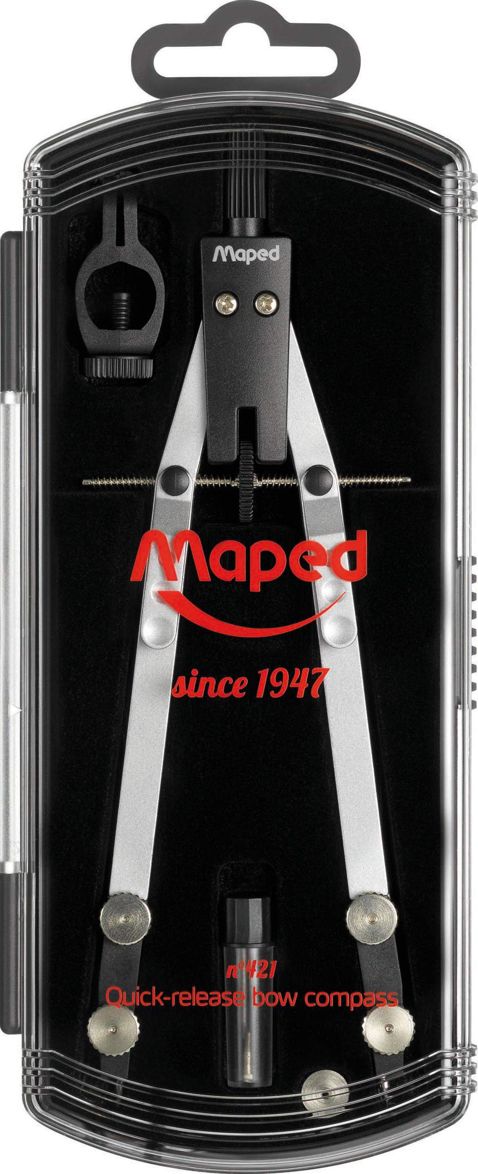Maped - Compás con Bigotera - N1 421 Compás Técnico de Ajuste Rápido - Tornillo Micrométrico - 1 Mina de Repuesto, 1 Adaptador y 1 Tuerca de Recambio - Diámetro Máximo 30 cm