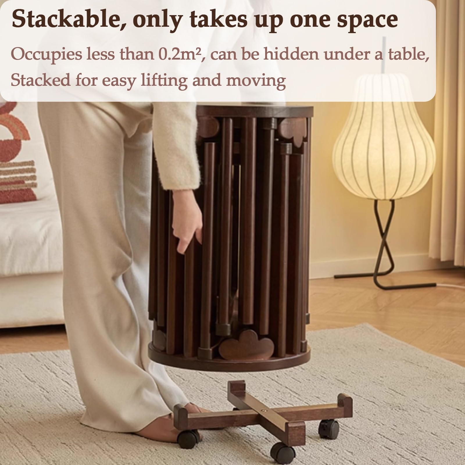 Juego de 6 Taburetes Apilables de Madera con Ruedas Silenciosas de 360° for Comedor, Dormitorio, Sala de Estar, Sofá y Mesa Auxiliar.