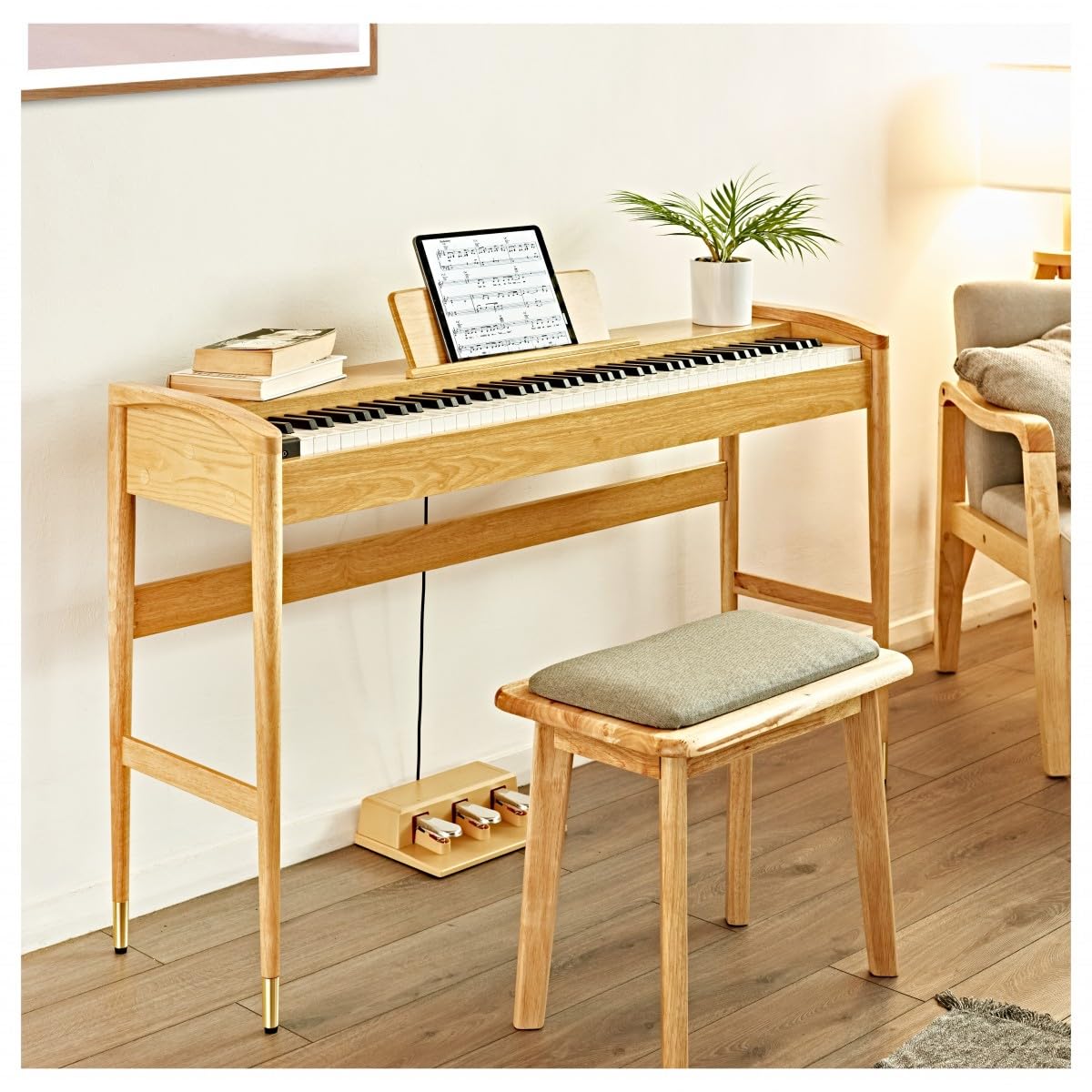 gear4music Banqueta de Piano Moderna, Light Oak | Taburete elegante y cómodo en madera maciza, construcción robusta y duradera, cojín acolchado revestido en tela