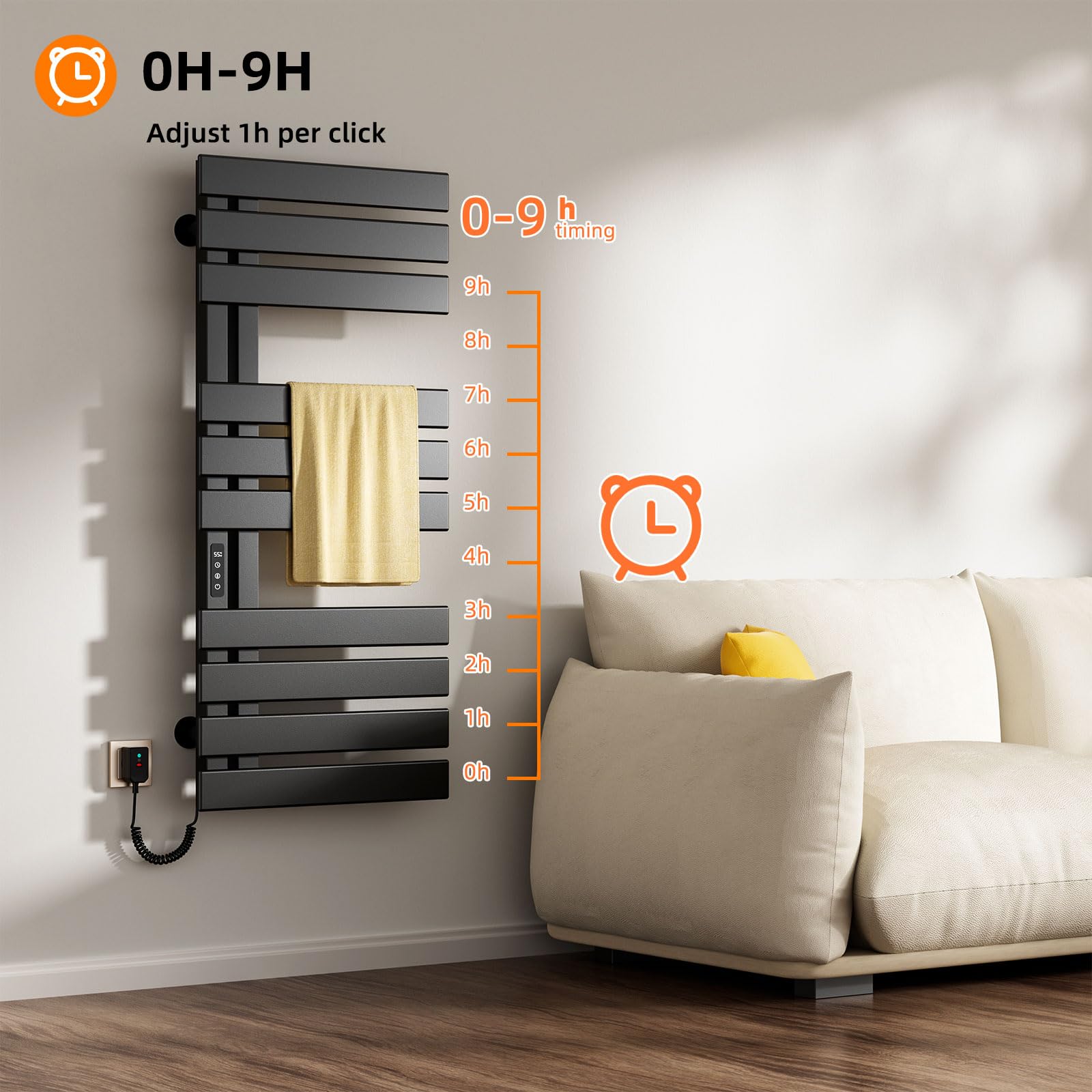 Radiador Toallero Eléctrico, 500x1100mm Toallero Baño Radiador, Secador de Toallas, Toallero Calentado, Secatoallas Electrico, Temperatura constante inteligente Calentador de Toallas Pared-Black Left