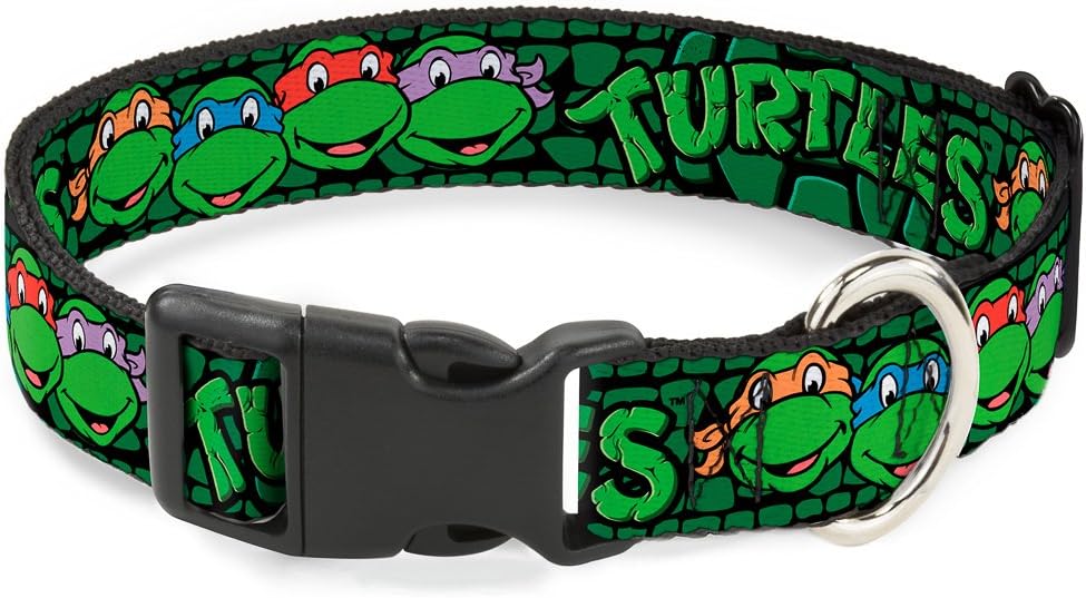 Teenage Mutant Ninja Turtles Buckle-Down Classic Tmnt Group Faces/Turtles Turtle Shell Black/Green Plastic Clip Collar, Multicolor, 1.5" Wide - Fits 13-18" Neck - Small (PC-WNT019-WS)