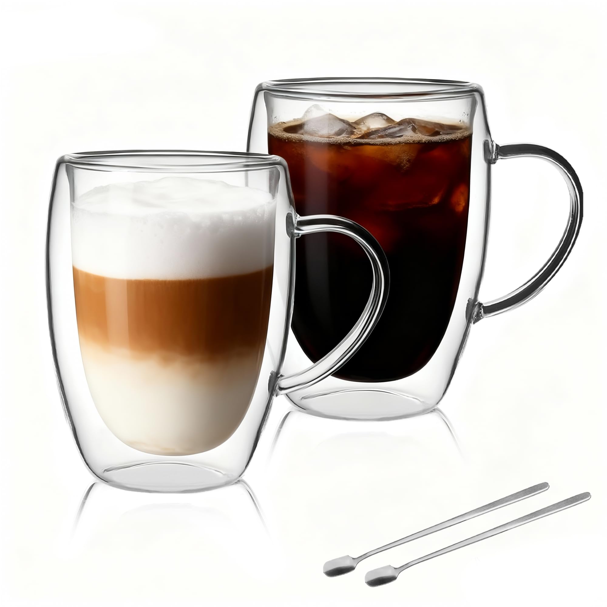 2 Pack Double Walled Coffee Cups Glasses Mugs, 12oz Espresso Cappuccino Latte Tea Cups with Handle, Heat Resistant Borosilicate Clear Glasses 350ml