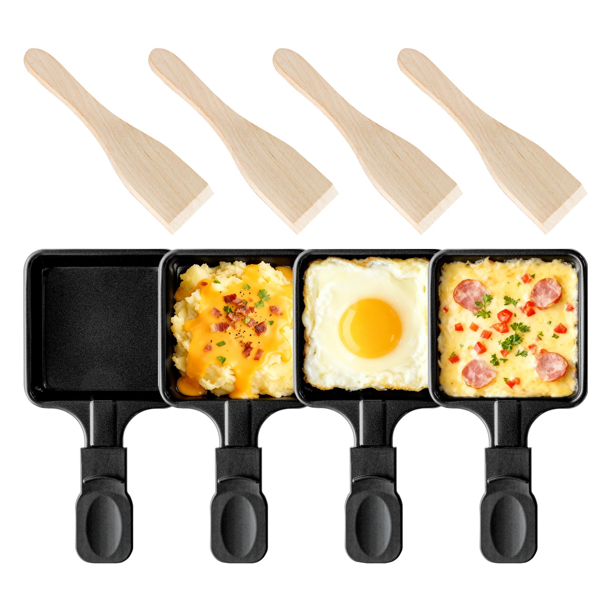 Kosmosta 4 Pack Square Raclette Grill Pan with 4 Wooden Spatulas, Non-Stick Iron Trays, Mini Cheese Melter, Raclette Replacement Accessories for Party Use, Tabletop Cooking โ image 1