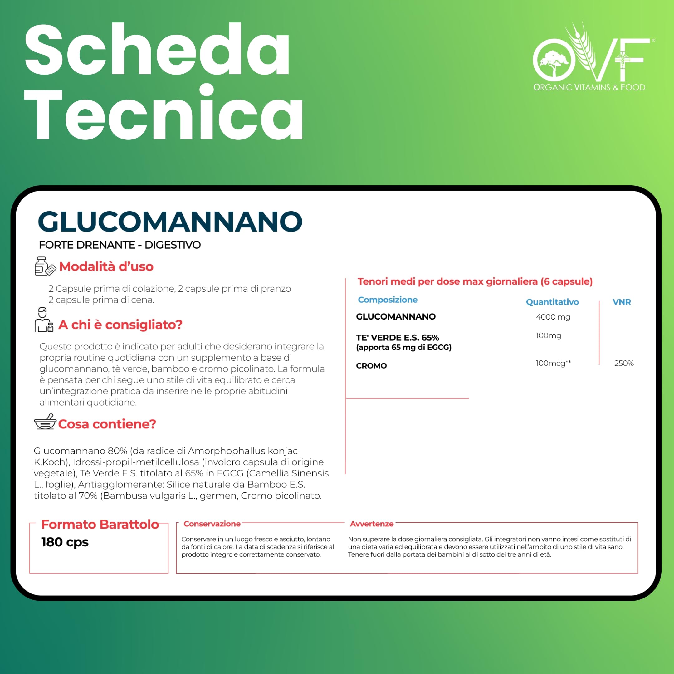 OVF Glucomannano Forte 4000 mg, 180 Capsule con Ginkgo Biloba, Vitamina B3 e Cromo, Integratore Alimentare con Glucomannano Puro da Radice di Konjac, Tè Verde e Bamboo, Made in Italy