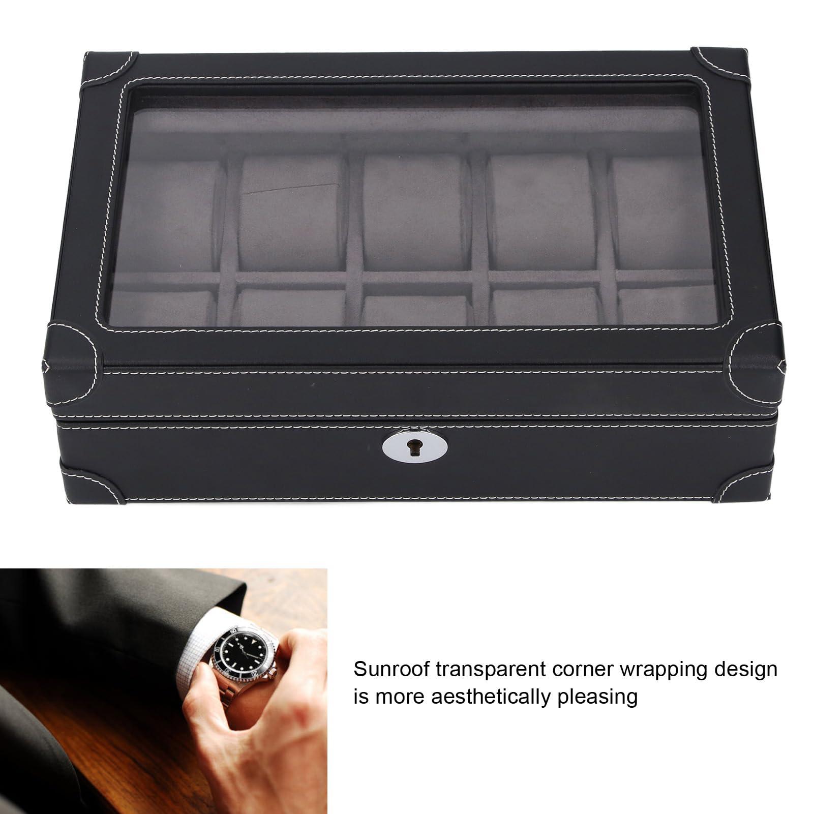 Aramox Organizer Porta Orologi, Scatola per Orologi in Super Fibra con Finestra in Vetro, 10 Scomparti, Fodera in Velluto, Custodia con Serratura per Collezionisti di Viaggi d'affari, Display (BLACK)