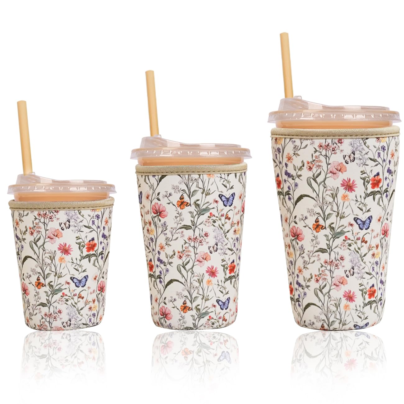 Reusable Insulated Sleeve for Iced Coffee Cup, 3-Pack Coffee Neoprene Drink Sleeve for Cold &amp; Hot Drinks, Beverage Holder for Iced Coffee (Floral Butterflies)