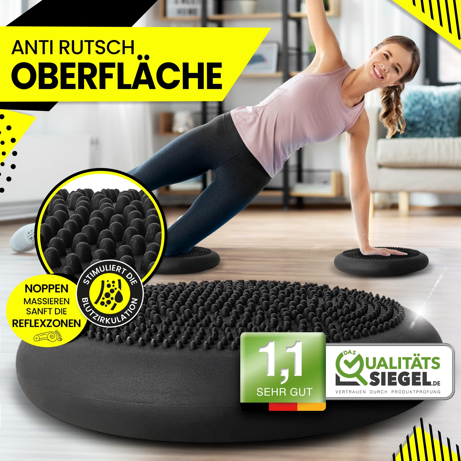 Dunlop Sports Balance Kissen Ball Sitzkissen - für einen stärkeren Rücken in Rekordzeit Premium Balancekissen mit Pumpe 35 x 7 cm orthopädisch über 450 kg belastbar Spezial Noppen, Schwarz