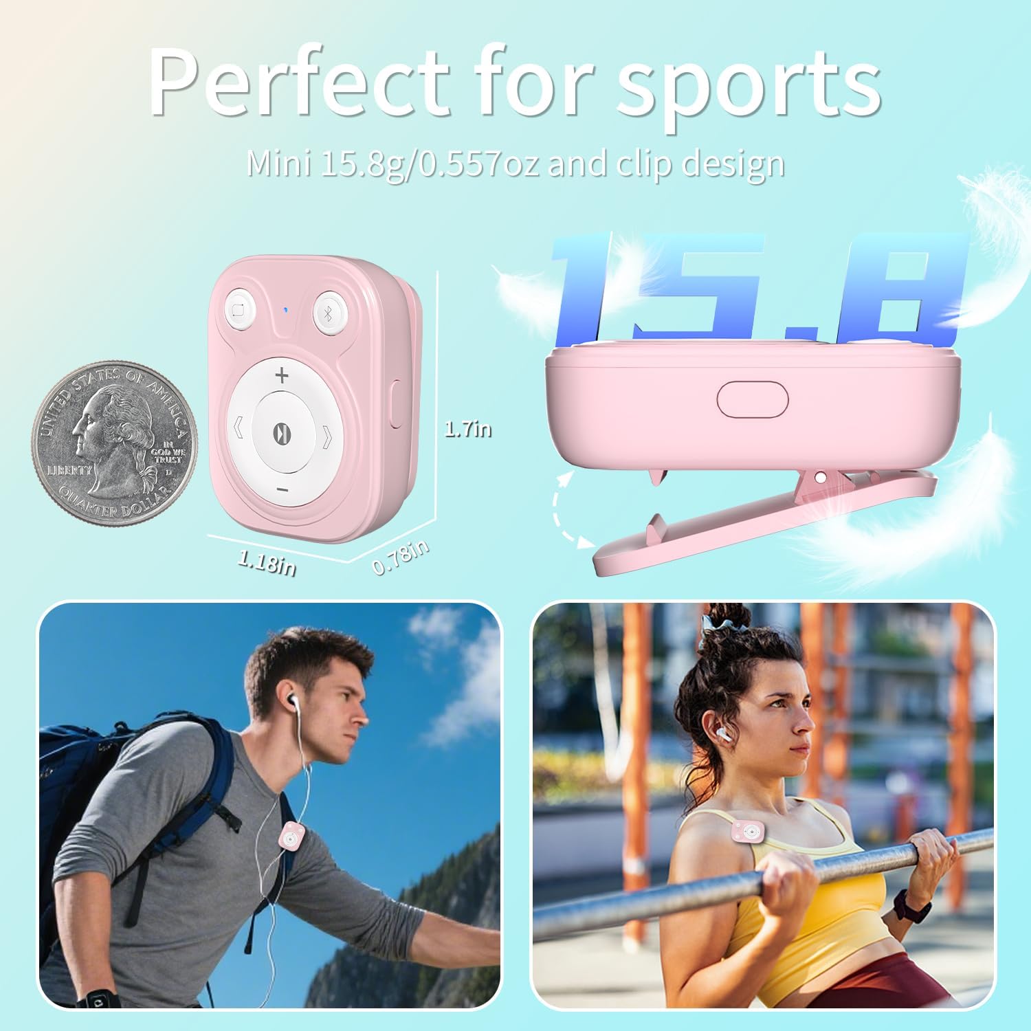 Mini MP3 Player with Bluetooth 5.3, 64GB Portable Music Player with Sports Clip, OTG Function, Mp3 Player for Running/Cycling/Exercise-Student, Kid