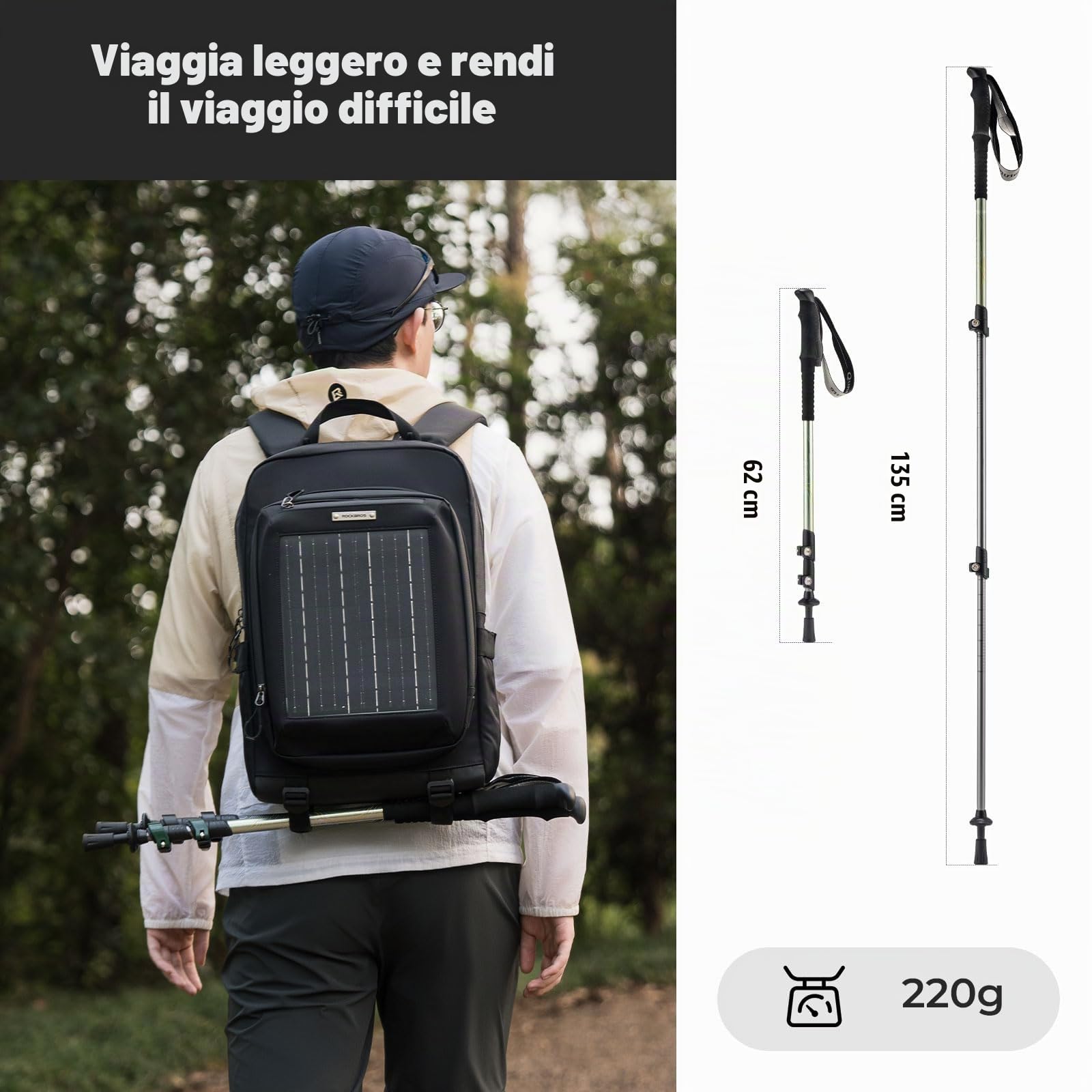 Bastoni da Trekking Pieghevoli, Bastoncini Trekking in 6061 Alluminio Telescopici 62-135cm Leggero con Manico in EVA, per Nordic Walking Montagna Escursioni Sci