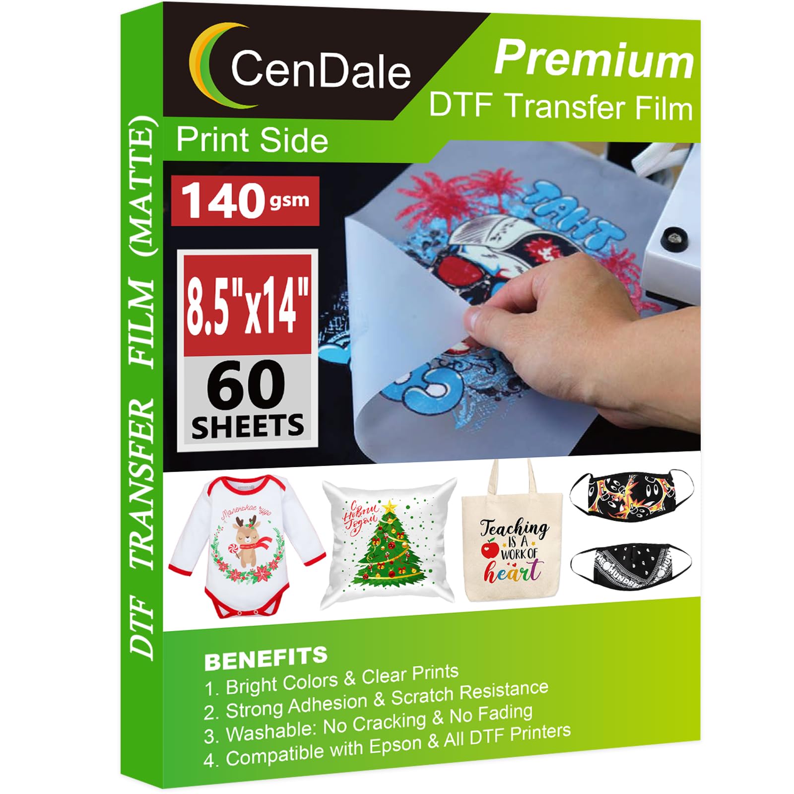 CenDale DTF Transfer Film 8.5"x14" - 60 Sheets Thick Double Sided DTF Film for Sublamation Hack on Cotton, Direct to Film Printing on Dark and Light T-shirts, Cold & Hot Peel DTF Paper, 140gsm Matte