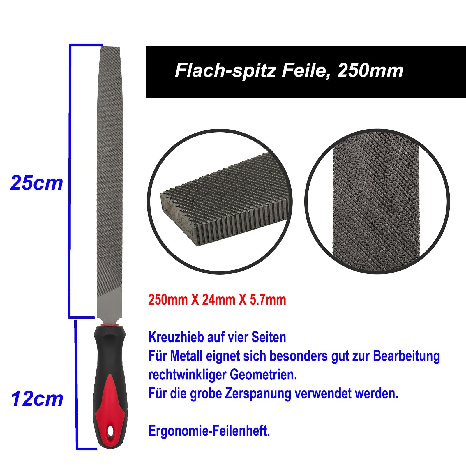 VASTOOLS Pilnik metalowy, 3-częściowy, 250 mm, profesjonalny zestaw pilników płaskich ze stali T12, półokrągły i okrągły pilnik, do metalu, drewna i innych, ostrzałka do narzędzi dla profesjonalistów
