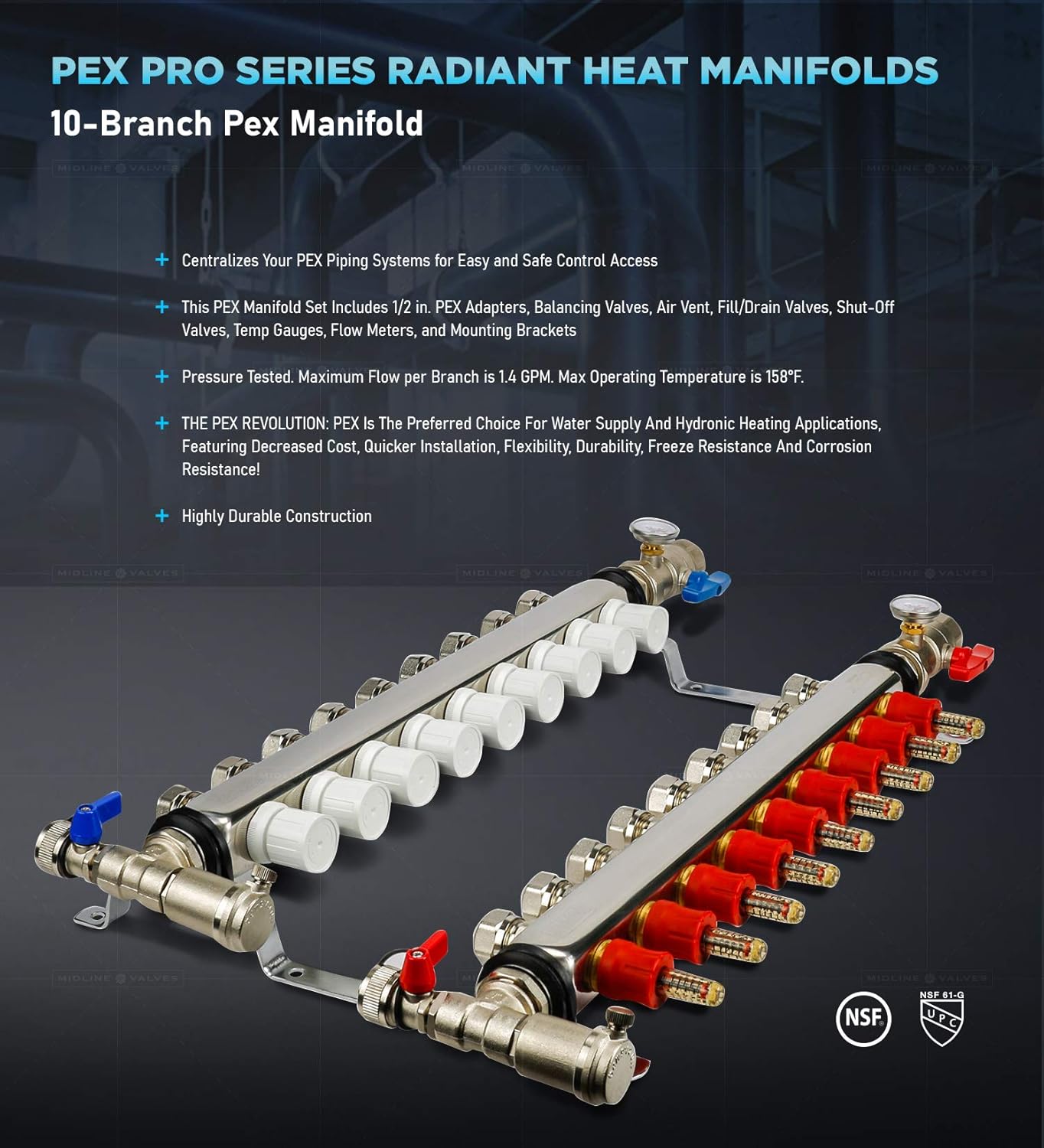 Midline Valve NQT110-5 PEX Manifold 1/2 in. for Radiant Heating System; with Valves, Vents, Gauges, and Mounting Brackets; Stainless Steel; 10 Port (5 Pack)