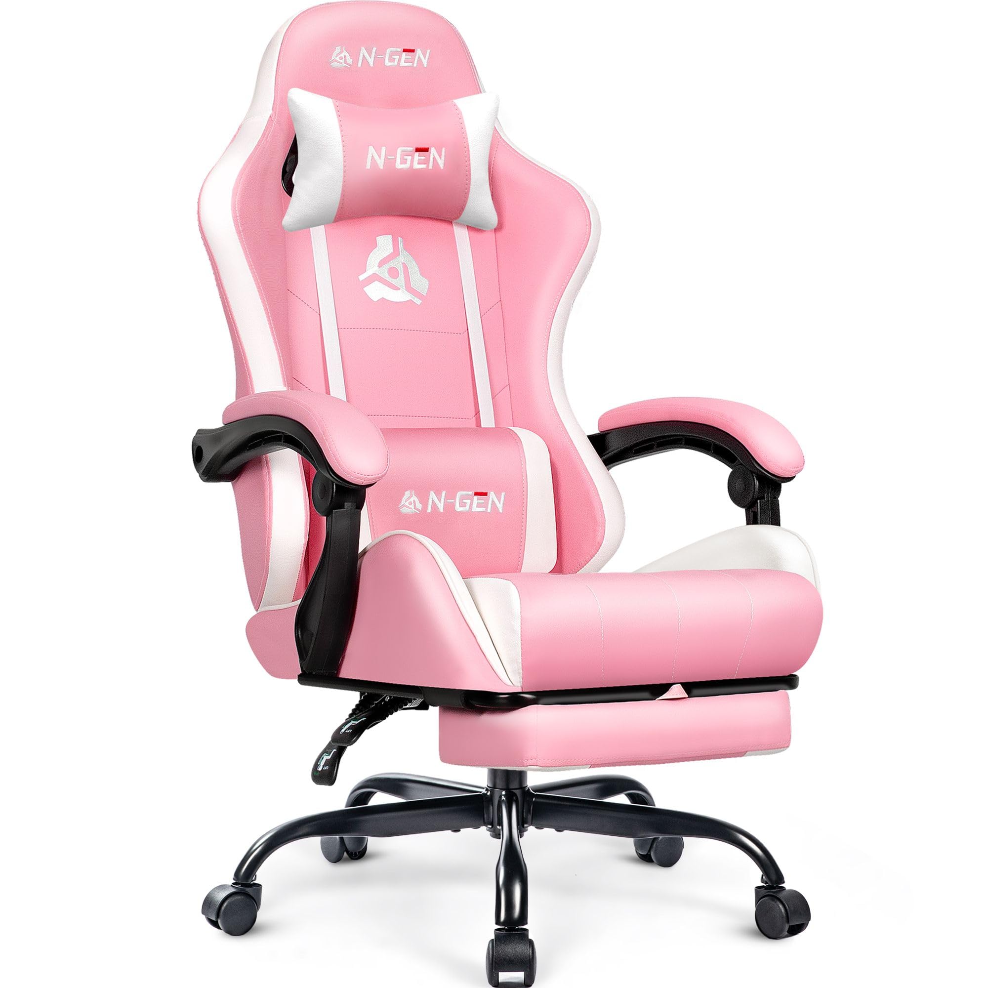 N-GEN GAMING Video Gaming Chair with Footrest Lumbar Support for Home Office High Back Recliner Height Adjustable Ergonomic Comfy Leather Computer Desk Chair (Pink)