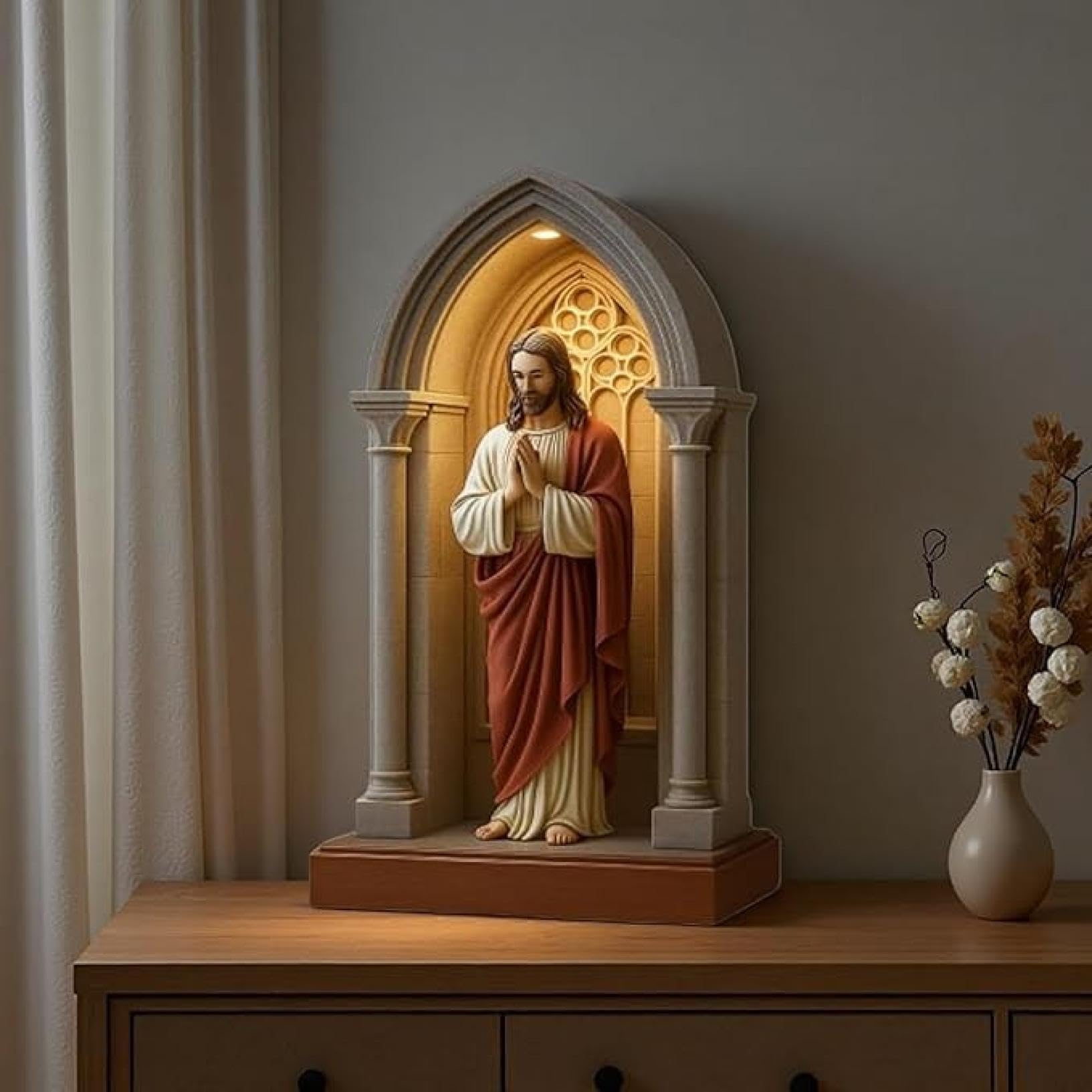 Statua di Gesù, lampada da preghiera a LED, immagine elegante e sacra del Sacro Cuore di Gesù, statua di illuminazione di nicchia in stile gotico, decorazione della lampada religiosa della casa. (Gesù