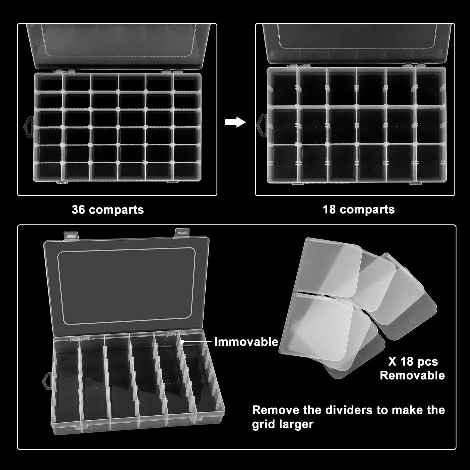 Confezione da 4 contenitori in plastica trasparente a 36 scomparti con divisori regolabili, organizer per piccole parti, organizer per perline, arte fai da te, scatole portaoggetti per
