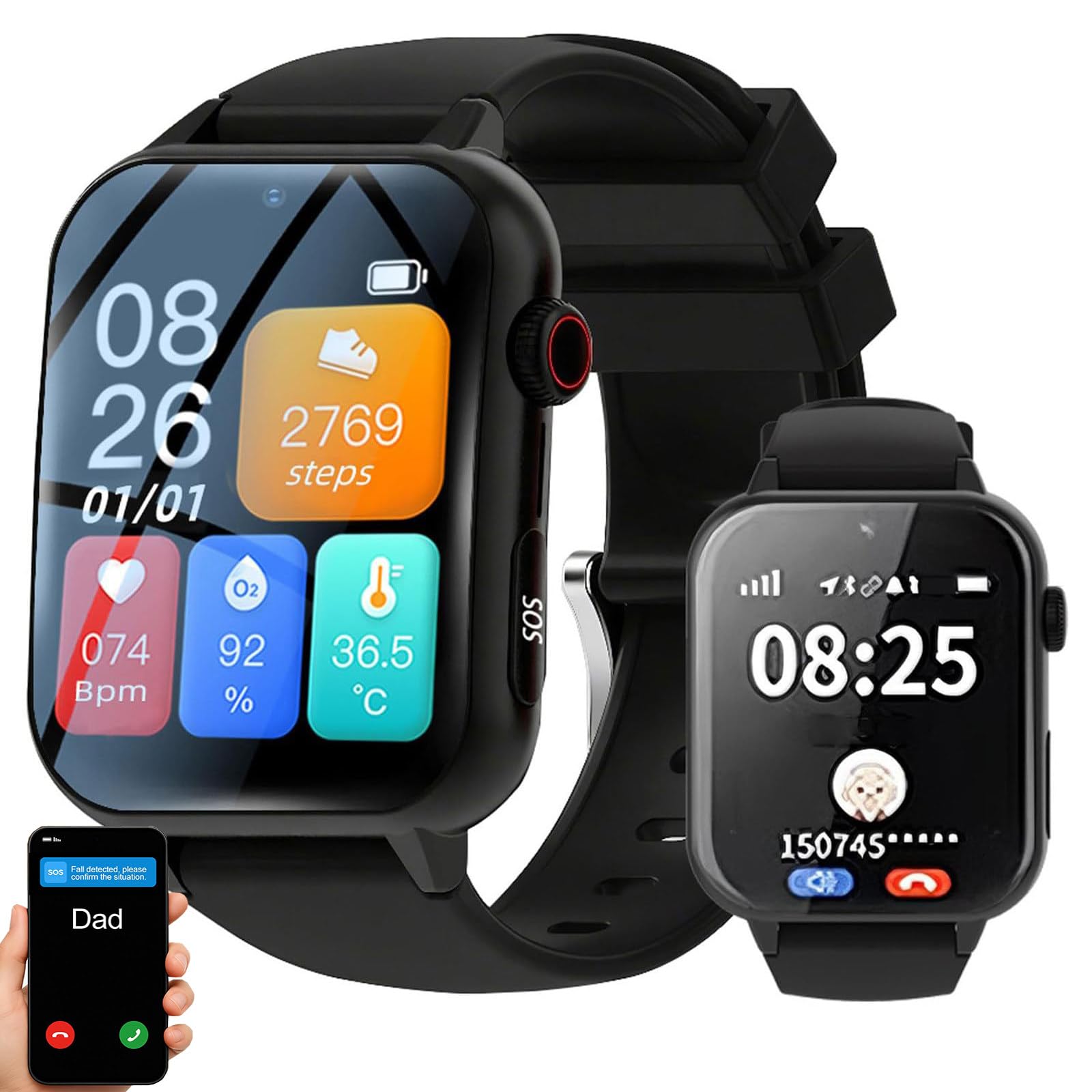 Reloj Detector De Caídas Para Personas Mayores, Con Botón SOS Y Recordatorio De Caídas, Teléfono HD, Monitorización De Salud Y Respuesta Automática, Pacientes Con Alzheimer Y Demencia Black