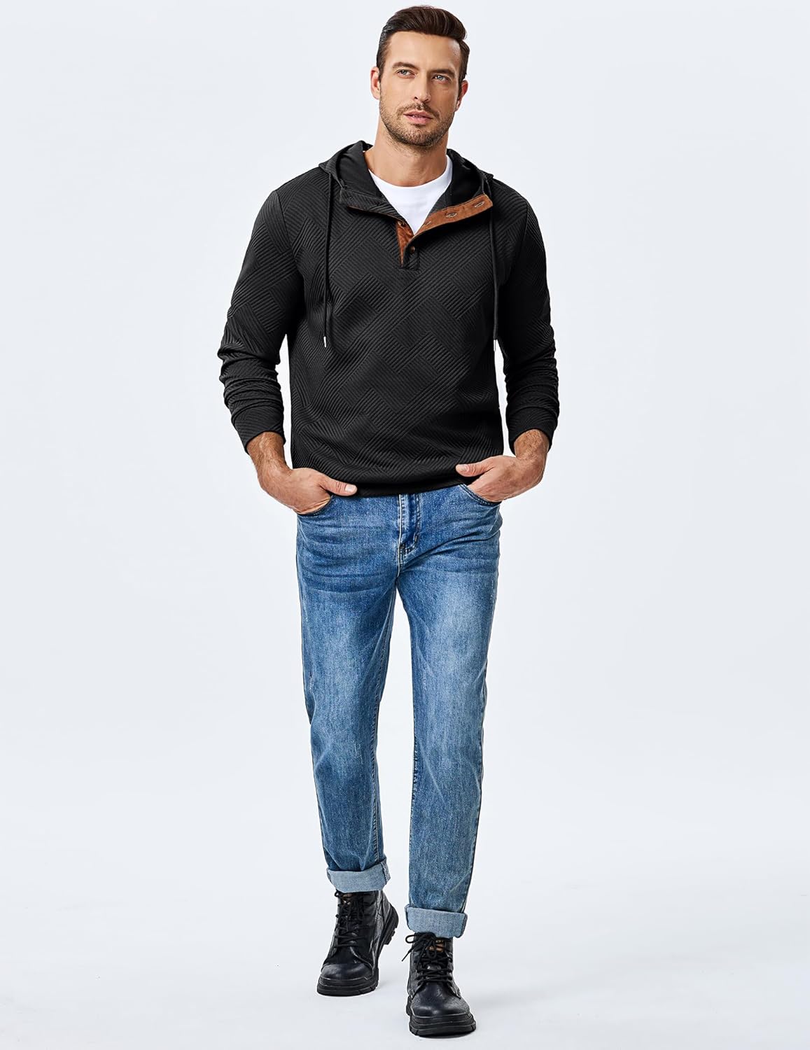 JMIERR Mens Hoodies Fall Casual Cotton Textured Long Sleeve Half Button Pullover Hooded Sweatshirts - Image 7