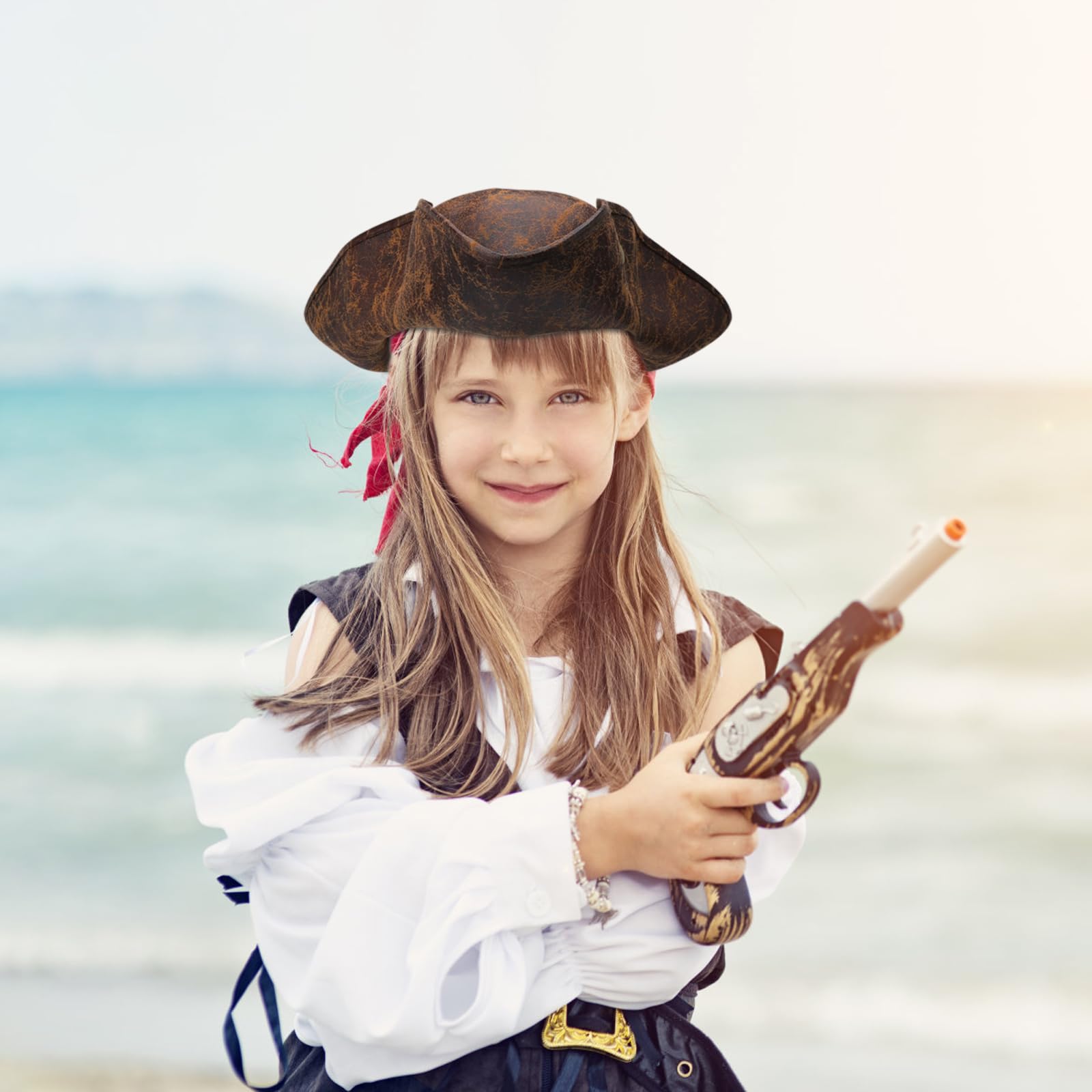 VOSSOT Kapelusz piracki dla dorosłych, skórzany, styl kolonialny, średniowieczny kapelusz na piracką imprezę tematyczną, cosplay, imprezy kostiumowe, karnawał, brązowy, Halloween, rozmiar uniwersalny