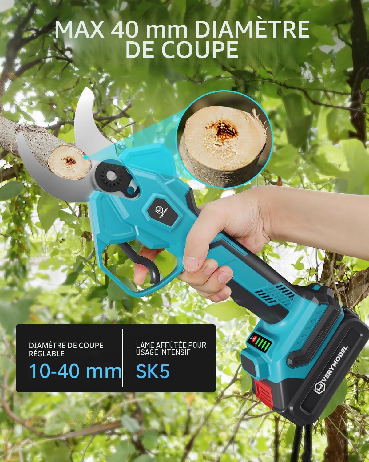 Sécateur Électrique Télescopique, 40mm Sécateur Electrique Sans Fil avec 21V 2x4.0Ah Batterie, SK5 Lame tranchante, Moteur Brushless, Sécateur de Jardin pour Vigne, Jardinage