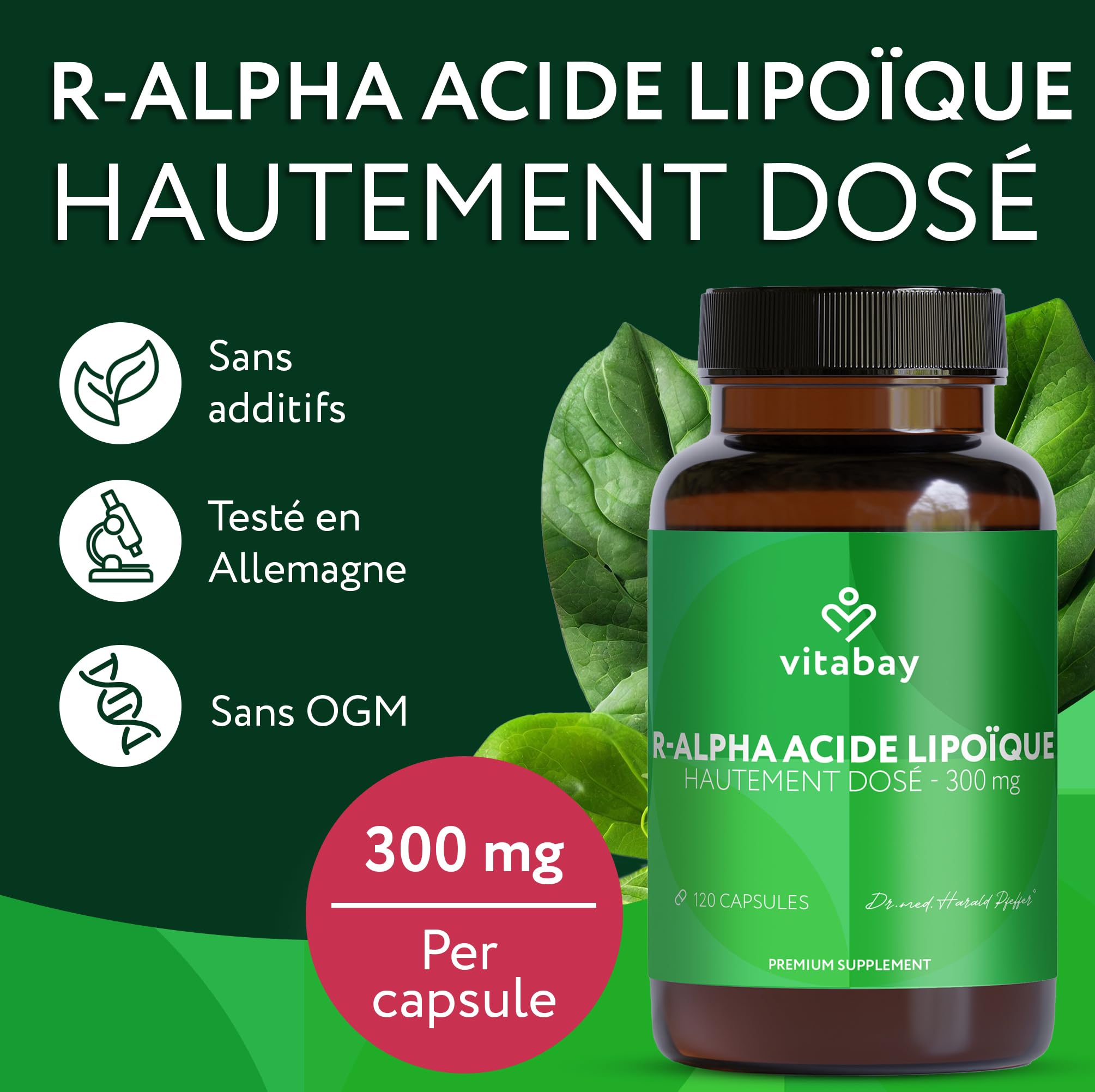 Vitabay Acide R-Alpha-Lipoïque 300 mg – 120 gélules véganes – Acide Alpha-Lipoïque hautement dosé – forme R naturelle sans S-ALA – testée en laboratoire en Allemagne – réserve 4 mois