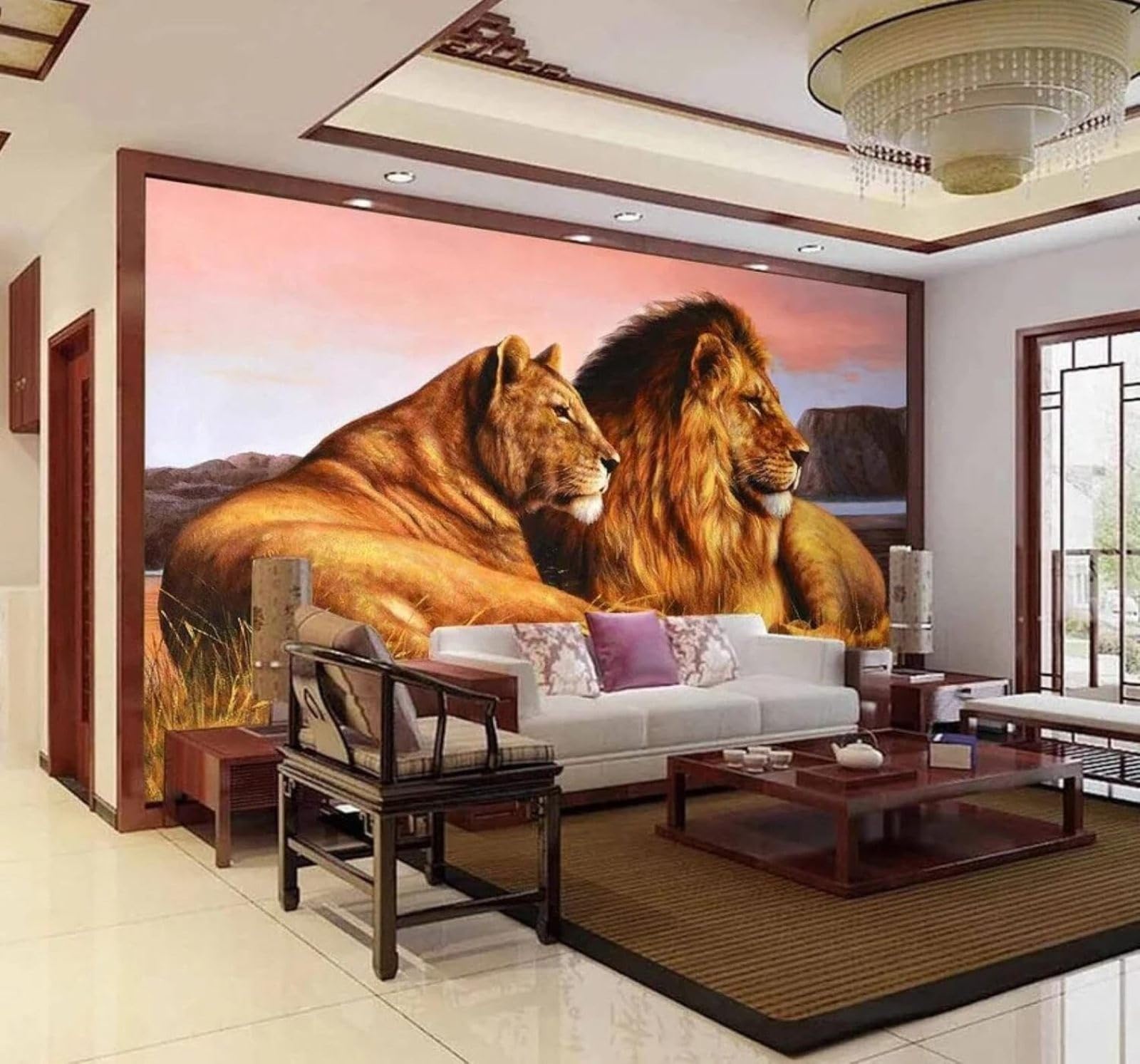Tzxztt Minimalist Three Dimensional Romantic Lion Couple Modern 3D Wallpaper Premium Textured Silk Neutral Tones Material Ideal for Living Room Bedroom-400cm×280cm