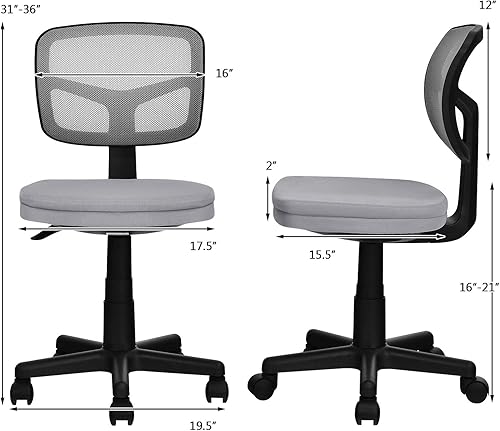 Miniatura 9 de Giantex Silla de escritorio sin brazos, silla de computadora con respaldo bajo, silla ergonómica pequeña con altura ajustable, soporte en forma de Y