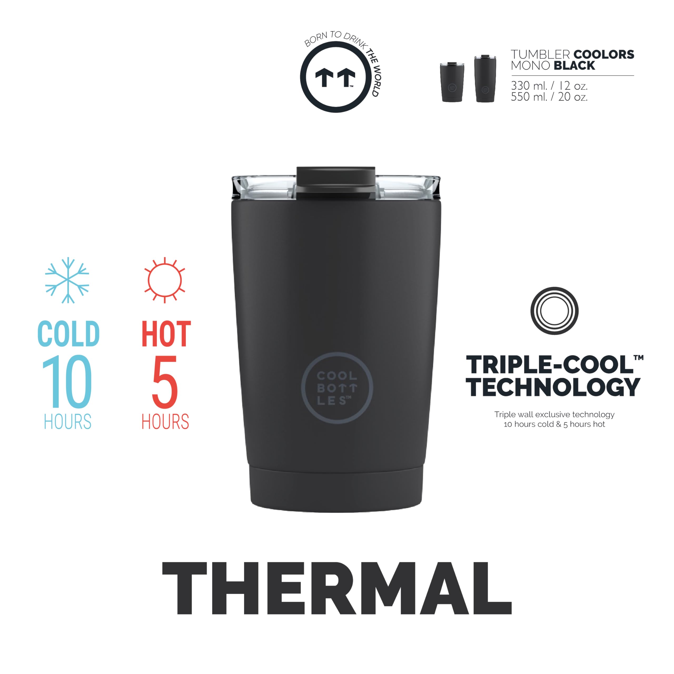 Cool Bottles Thermo-Tumbler Aus Edelstahl – 330 Ml, Hält Kalt 10 Std. & Heiß 5 Std., Auslaufsicher, Schwarz