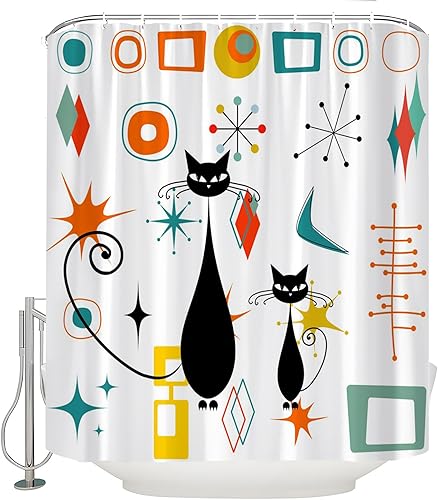 Miniatura 3 de Cortina de ducha moderna con diseño de gato atómico, de mediados de siglo, diseño geométrico abstracto, verde azulado, naranja, amarillo, negro,