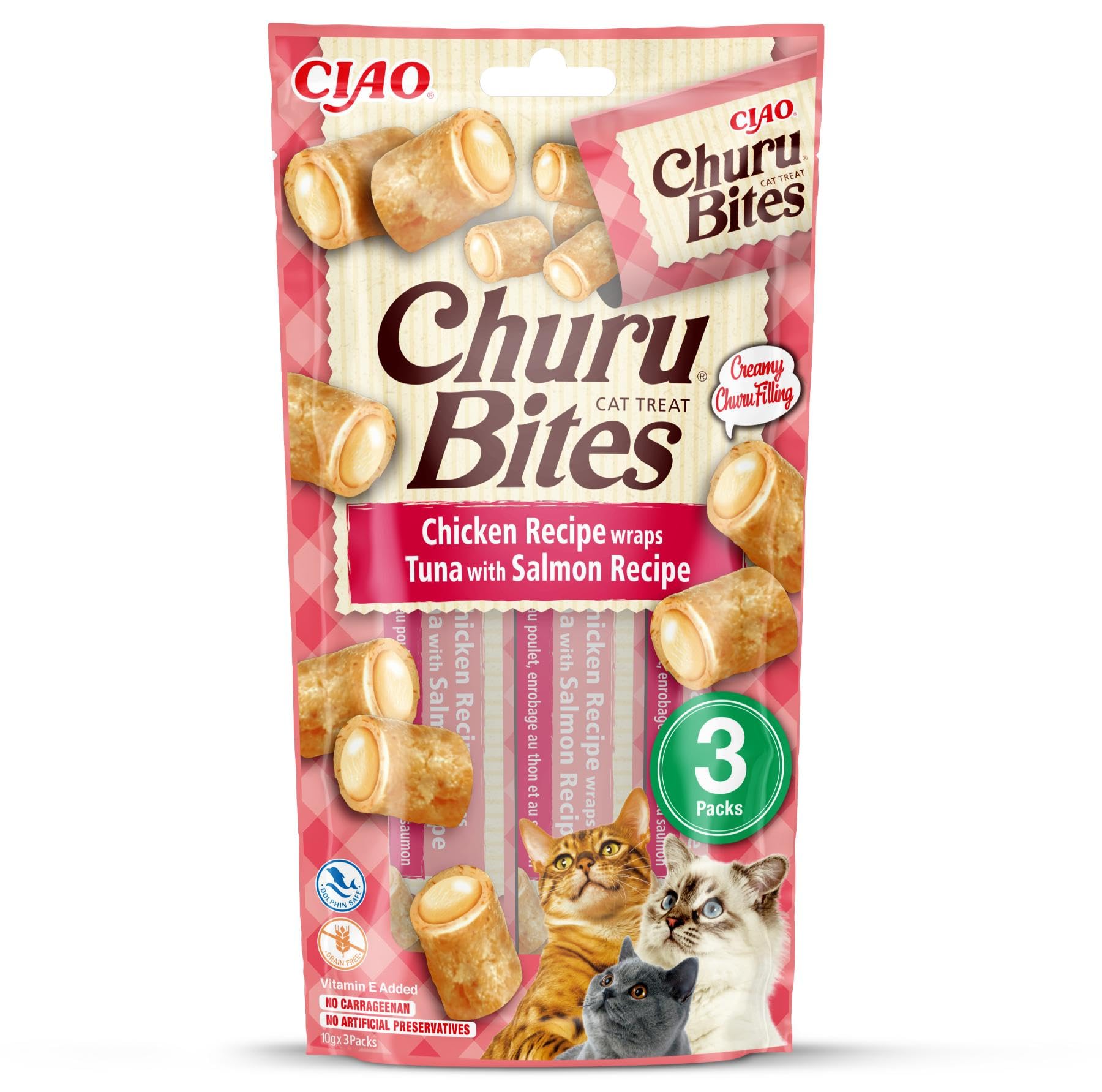 INABA Churu Bites Gatos - Snacks de Atún y Salmón - Premios Saludables - Golosinas Crujientes y Cremosas - Pequeña y Práctica Porción - Sin Conservantes ni Colorantes - 30g (3x10g)