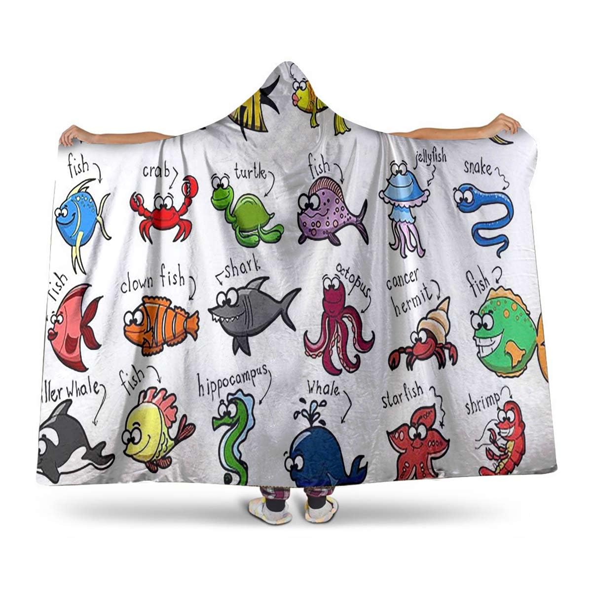 SARMSXWhite Multicolor Hooded Throw Blanket Cartoon Fish Swimming Sea Animal Hooded Poncho Blanket Gifts for Women, Wearable Throw Blanket Wrap 40" H x 50" W Aquarium