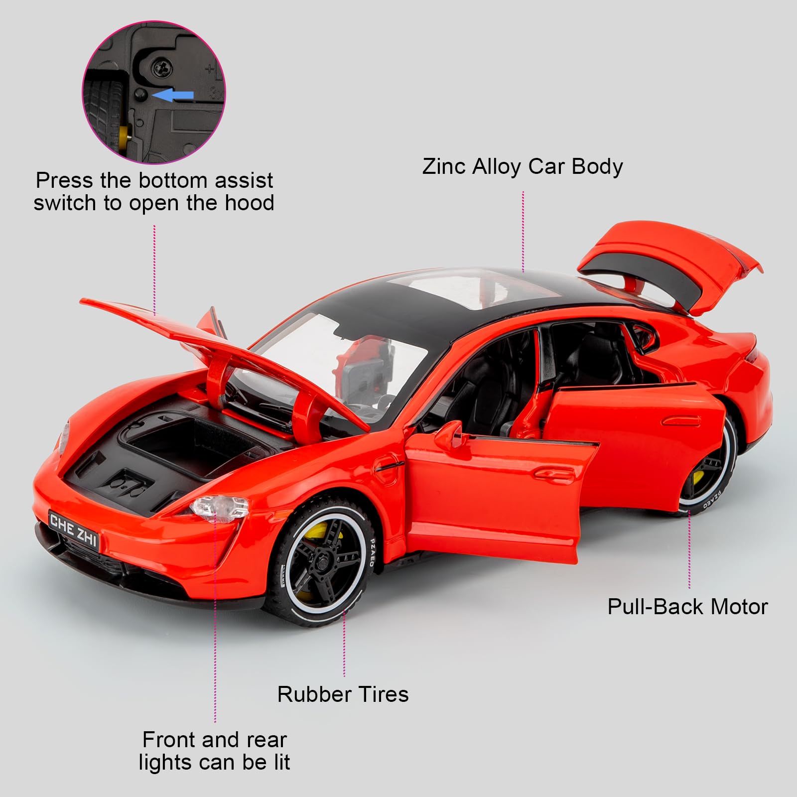 BGHSCA 1/32 Scale Porsche Taycan Diecast Model Car,Zinc Alloy Pull Back Toy Vehicles with Sound and Light for Kids 3+ Years Old Gift(Red) - Image 3