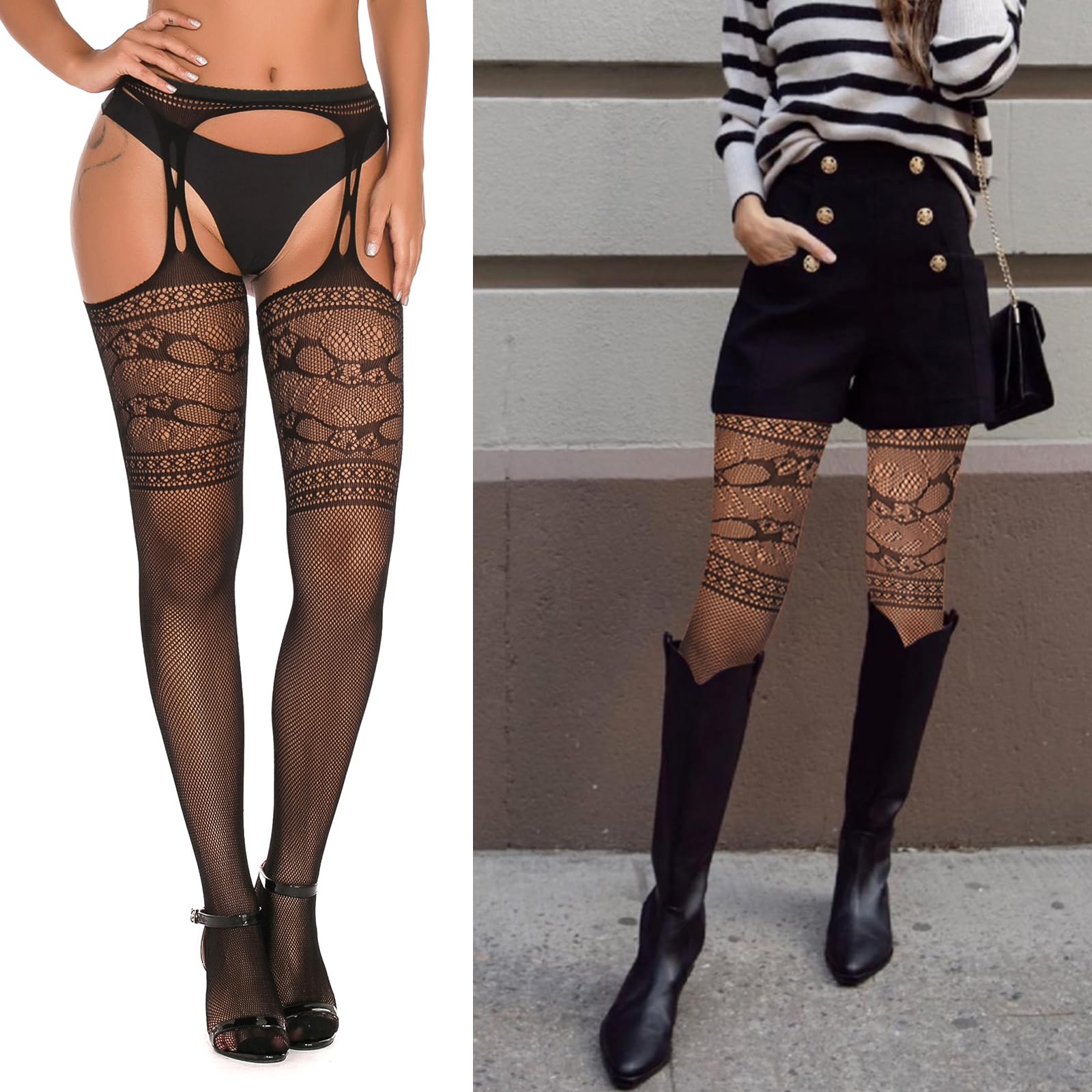 SOUTHRO 5 Pairs Fishnet Thigh High Garter Stockings Patterned Tights for Women,Garter Belt Set & Suspender Pantyhose for Girl