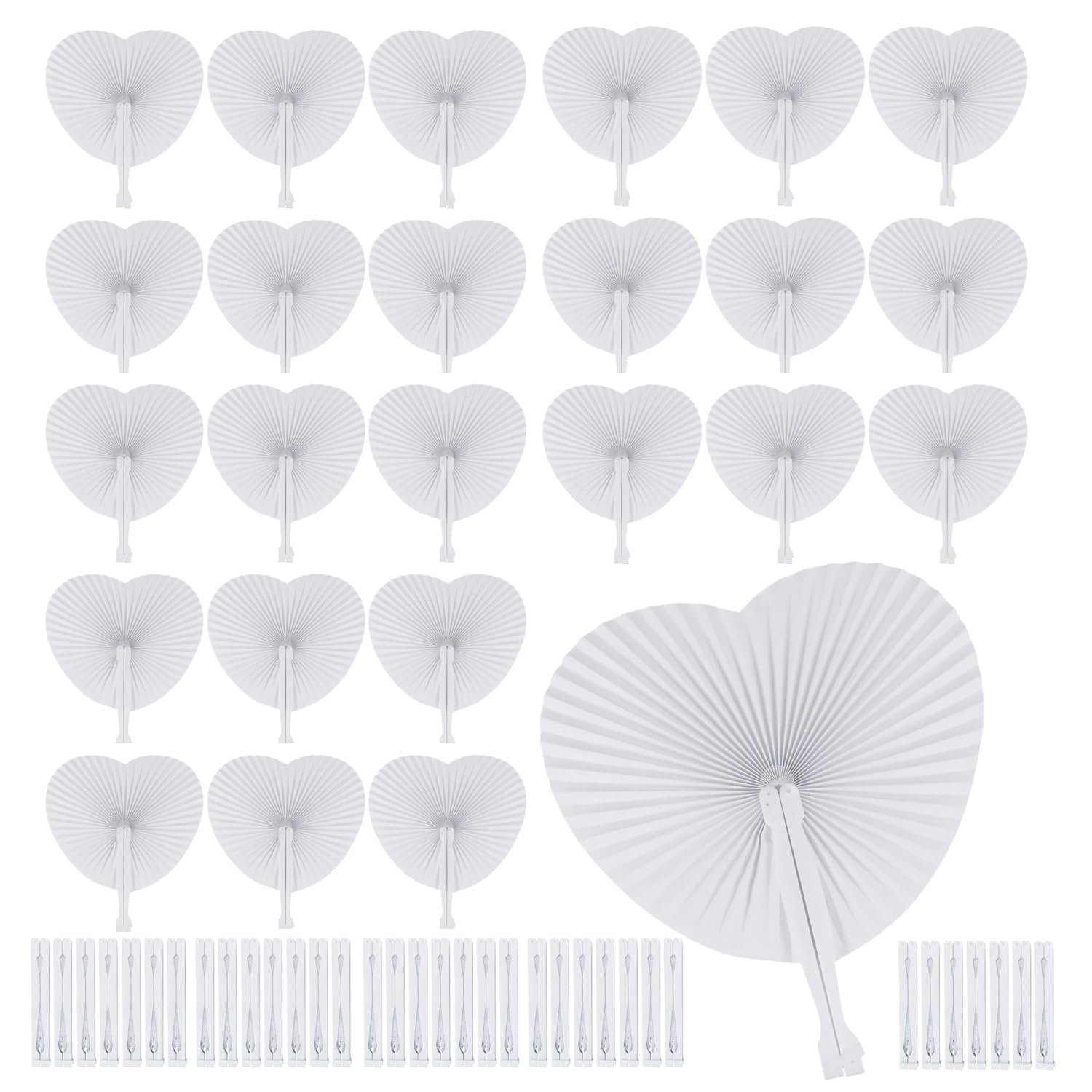 60Pcs Heart Shaped Paper Fans for Wedding Pocket Folding Paper Fans with Plastic Handle White Blank Fans for Guest Celebration Party Decoration