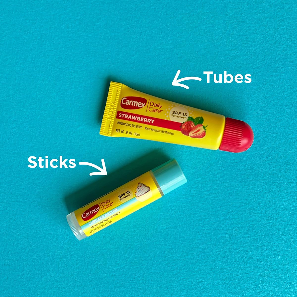 Carmex Daily Care Feuchtigkeitsspendender Lippenbalsam, LSF 15, Erdbeer- und Cupcake-Teiggeschmack, verschiedene Packungen, 9 Stück (7 Sticks, 2 Tuben)