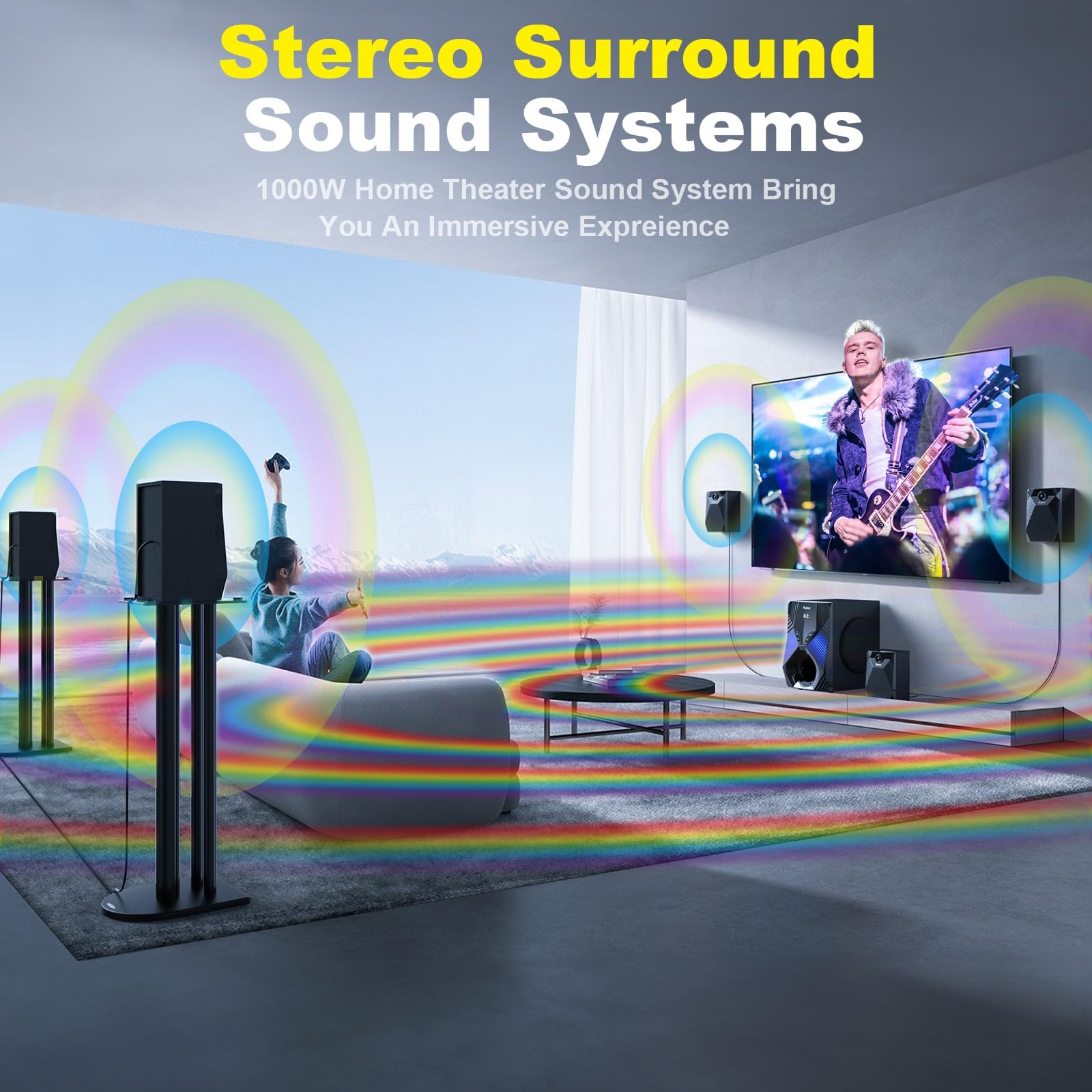 Bobtot Sistema Home Theater, 1000 watt di potenza di picco Surround Sound Systems | 5 Altoparlanti audio satellitari cablati 8" subwoofer 5.1/2.1 canali bassi profondi con ingresso AUX Bluetooth ottico ARC
