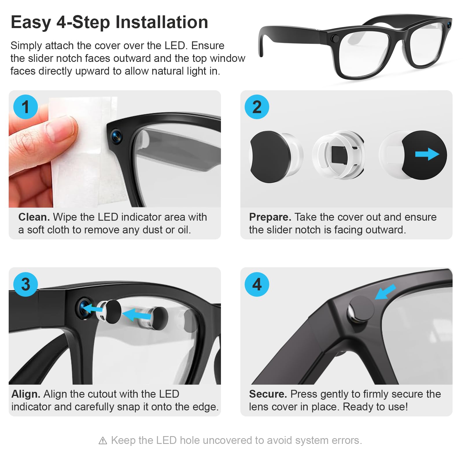Yarenka Meta Glasses Light Cover, LED Cover Accessories Compatible for Meta Gen 2 & Gen 1, Error-Free Privacy LED Blocker with Semi-Transparent Base, Reusable Soft Nylon, 4-Pack with Carrying Case — view 6