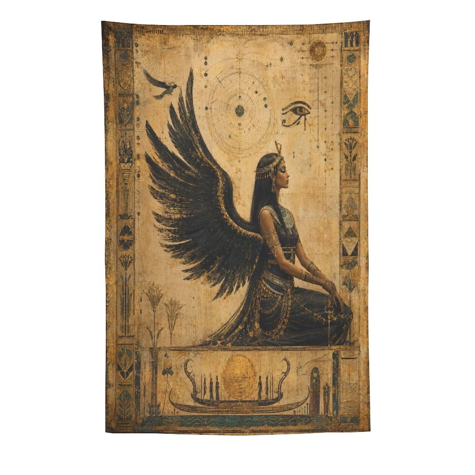 W7C8U2X3 Egyptian Winged Goddess Papyrus Wall Tapestry, Symbolist Art