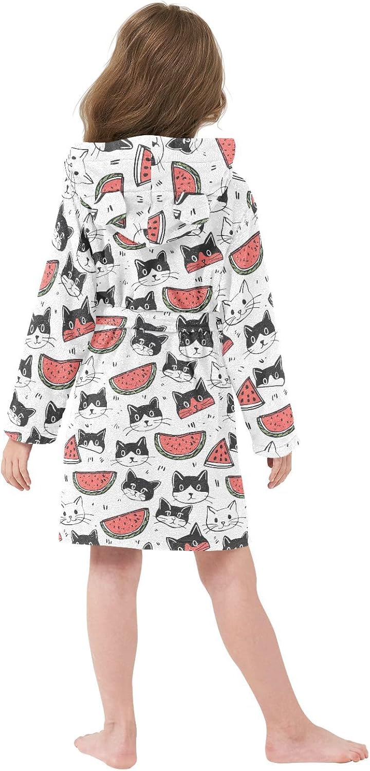 senya Cat and Watermelon Toddler Hooded Bathrobe Kids Soft Plush Bath Towel Robes for Boys Girls 2-12 Years