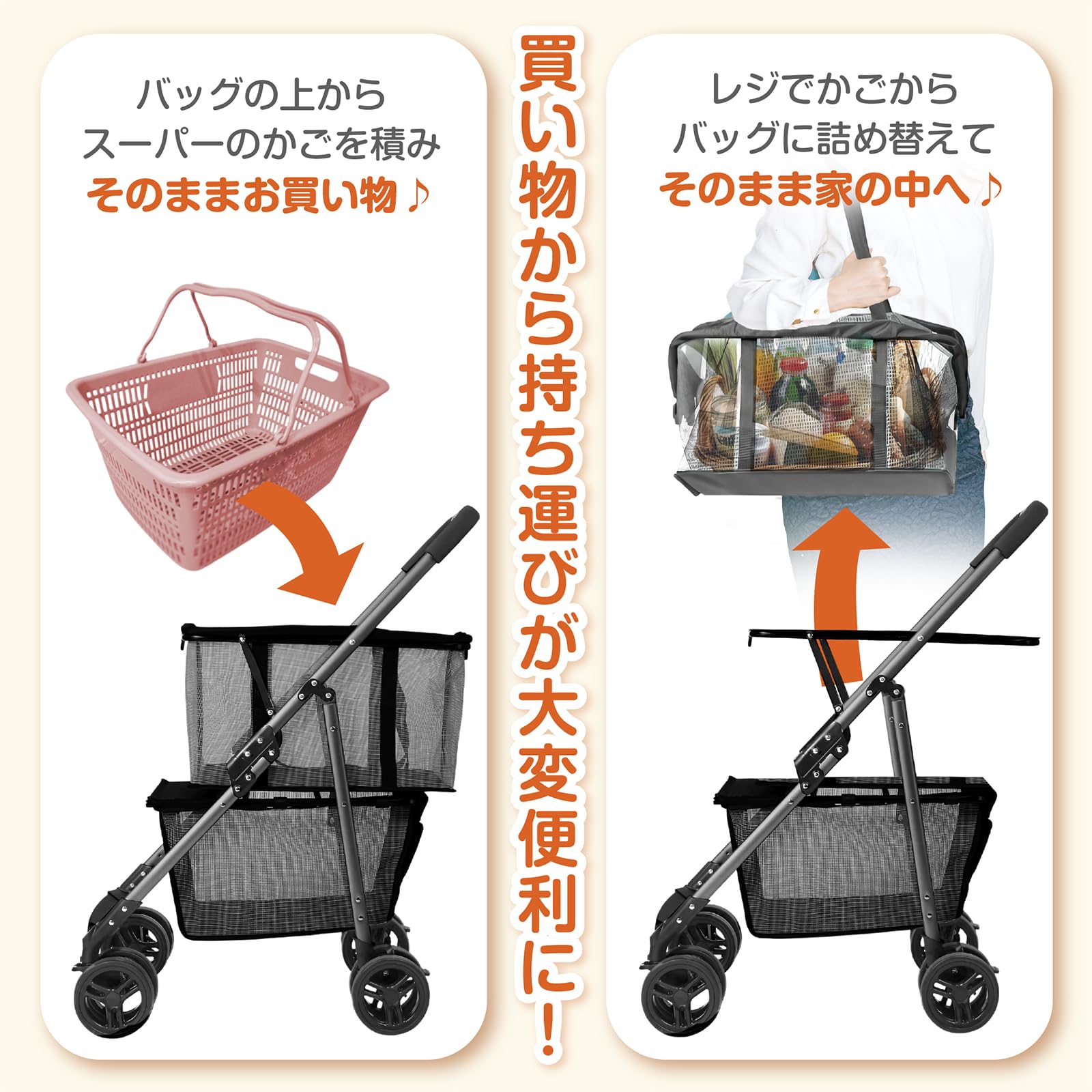 Amazon｜折りたたみ式 2段ショッピングカート 大容量25L メッシュ