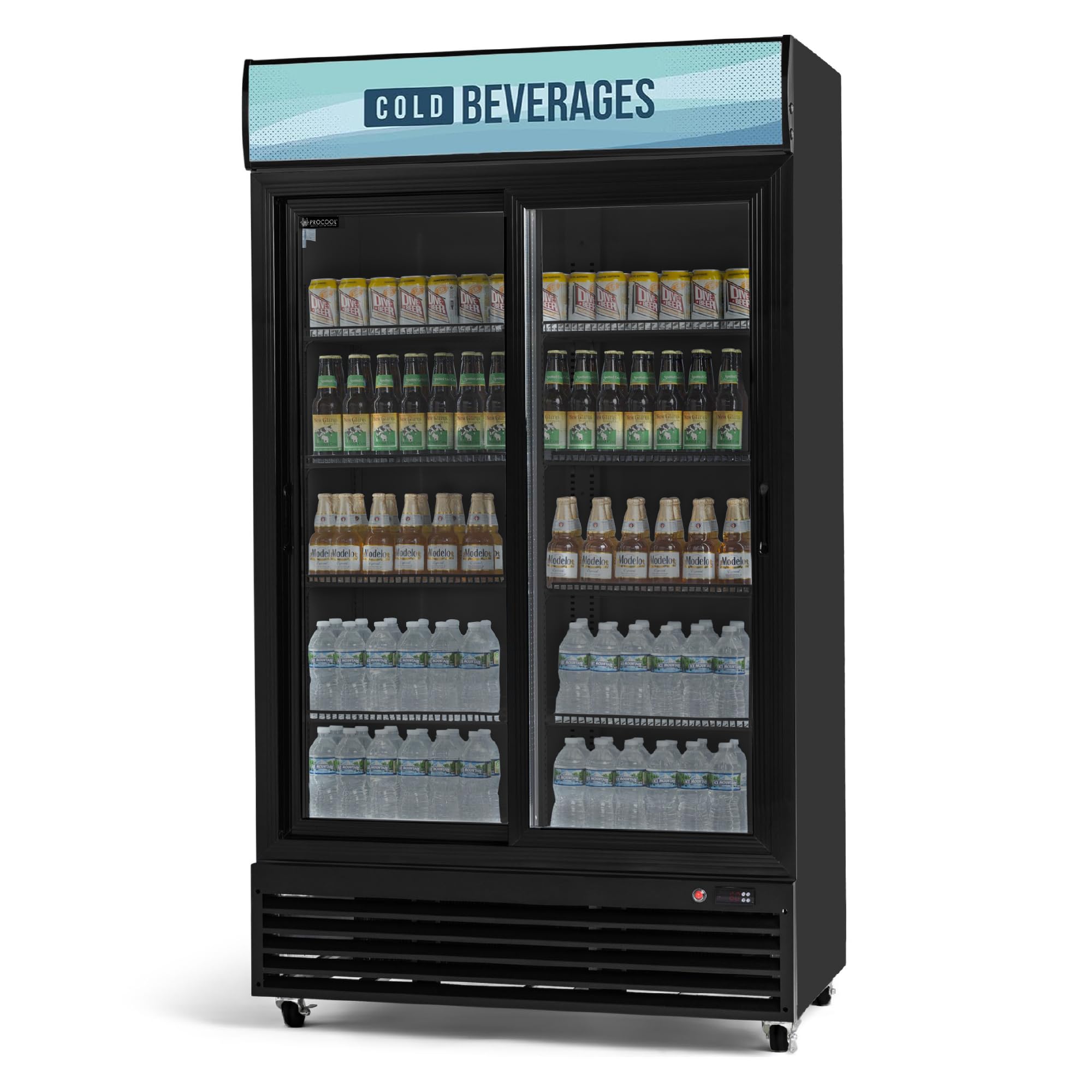 Procool Black Sliding 2-Door Display Fridge, 35.3 CuFt, Cold Beverages Sign