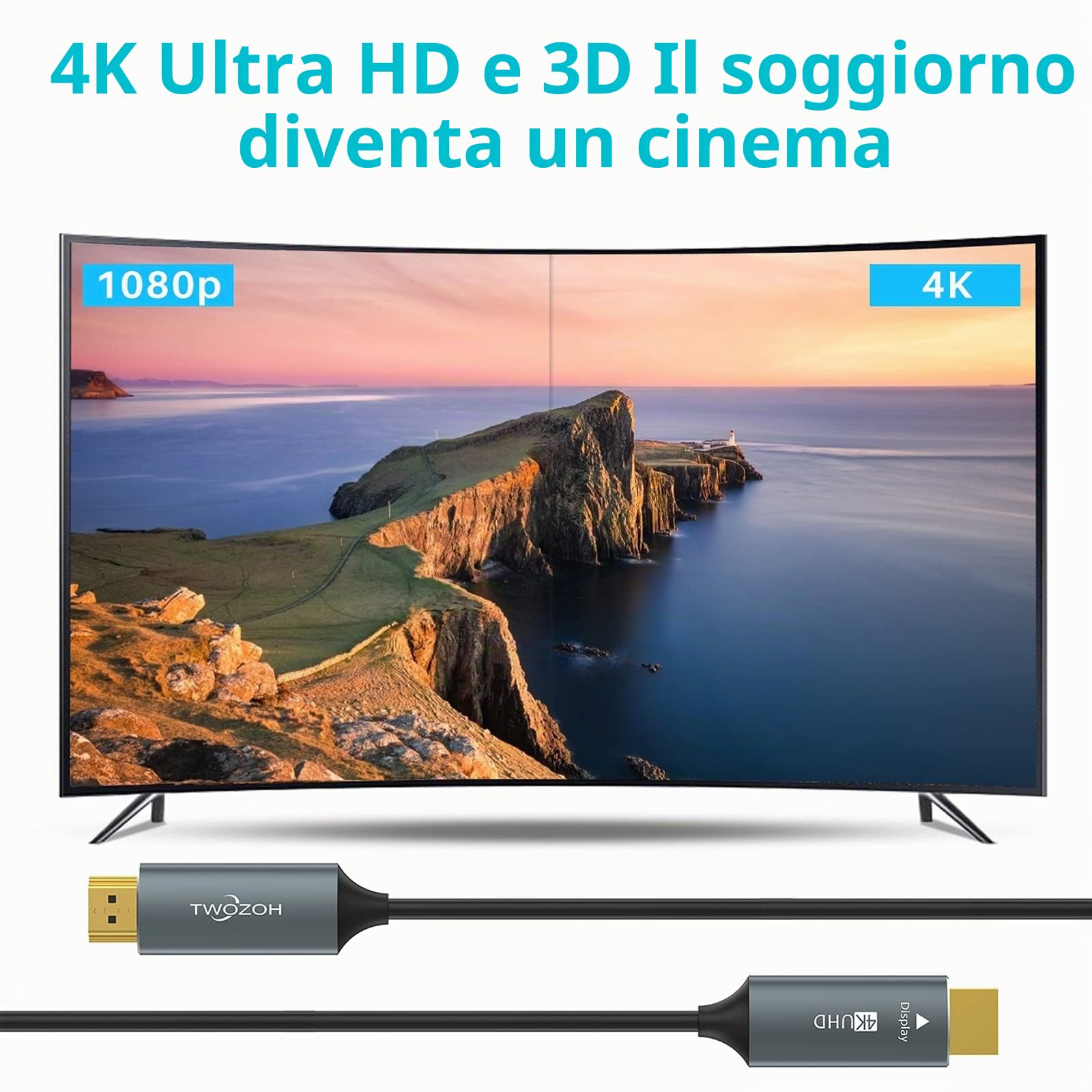 Twozoh Cavo HDMI Fibra Ottica 100M, 4K/60Hz (4:4:4 HDR10 HDCP2.2) 1440p 144Hz 18 Gbps Ad Alta Velocità UHD Fibra