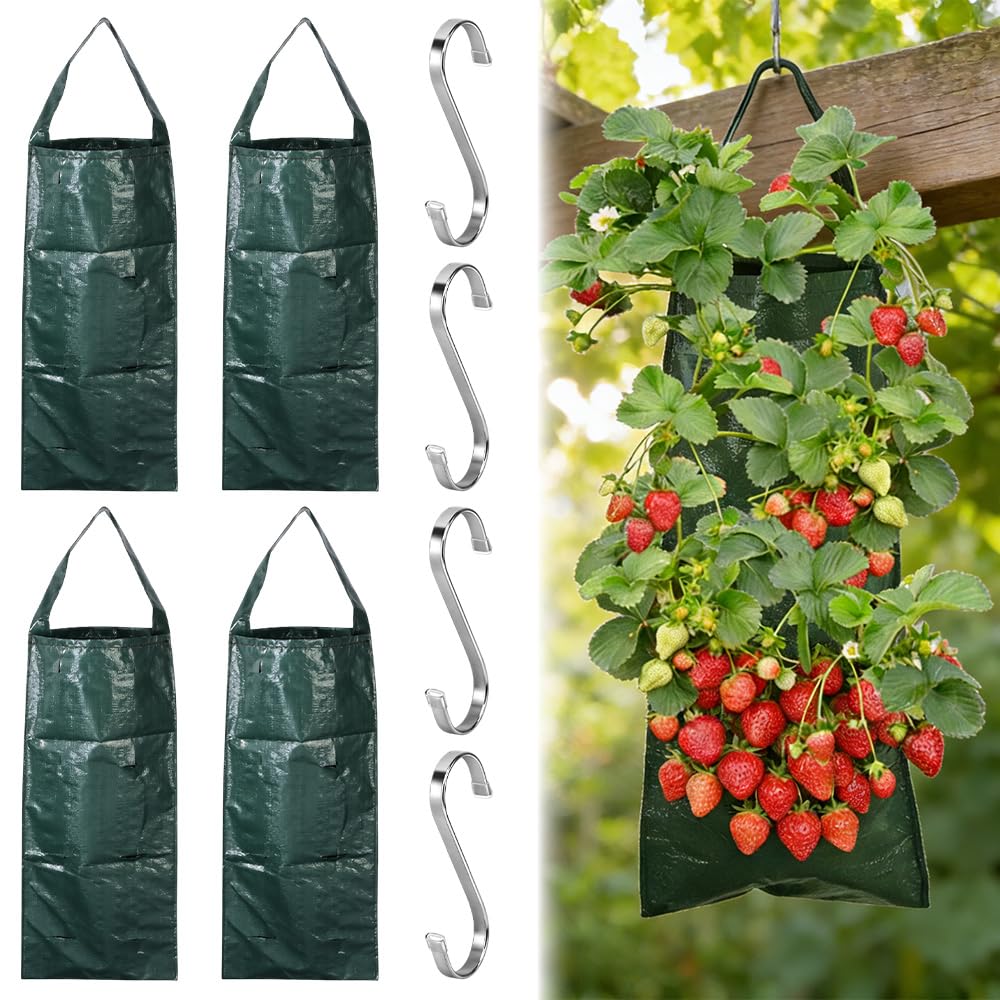 4 Pieces Vertical Garden Hanging Planters Hanging Bag for Planting with 8 Holes and 4 Hooks Included, Hanging Bags for Planting Strawberries, Plants, Strawberries, Herbs and Vegetables